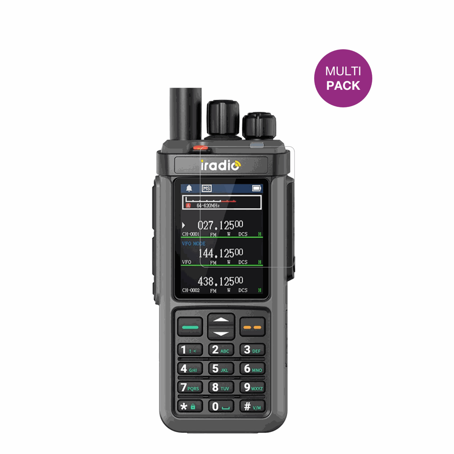 IRADIOUV-98 Plus mit aufgebrachter dipos Displayschutzfolie, glasklare Darstellung ohne Einschränkungen
