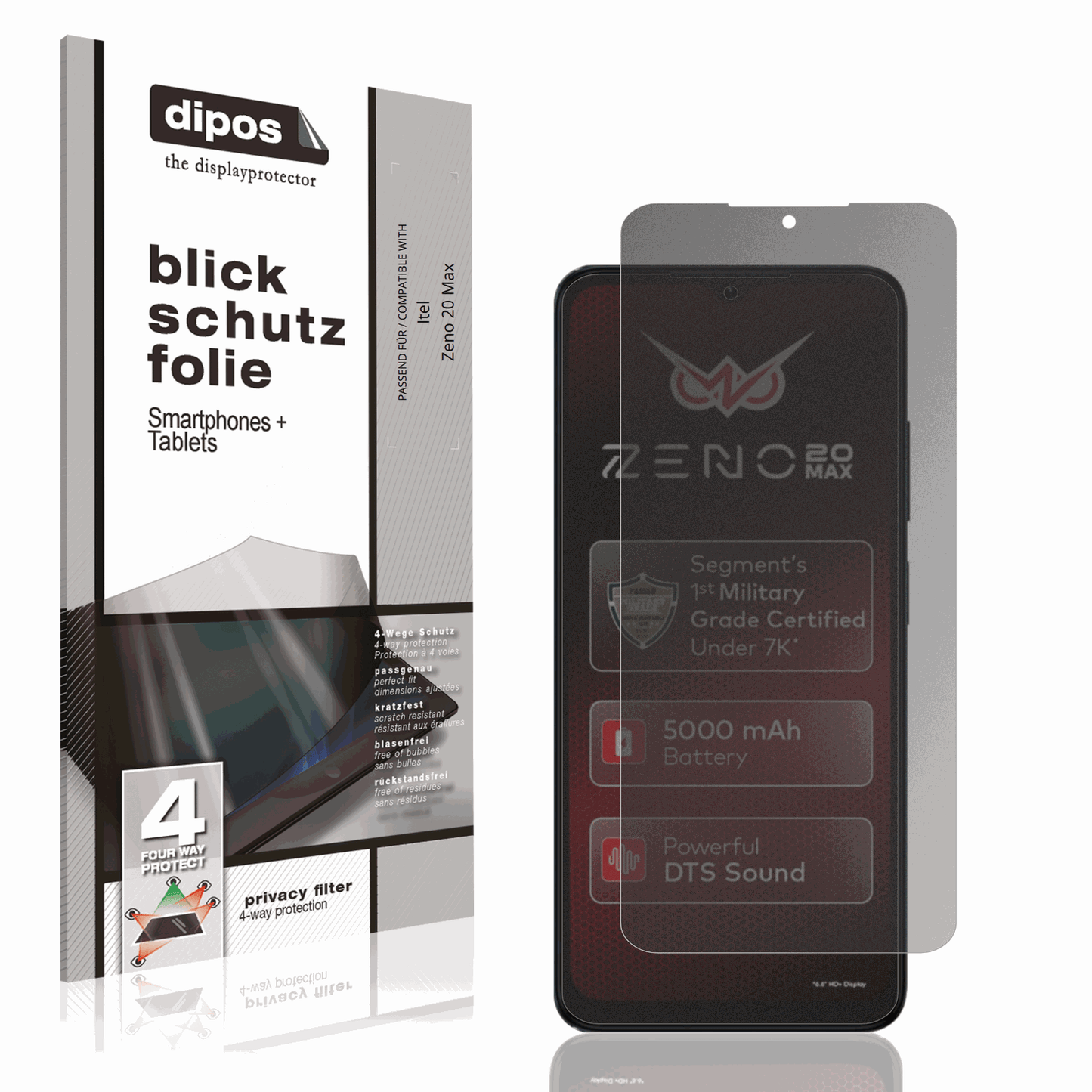 Blickschutzfolie von dipos passend für Itel Zeno 20 Max, präziser Zuschnitt und blasenfrei montiert