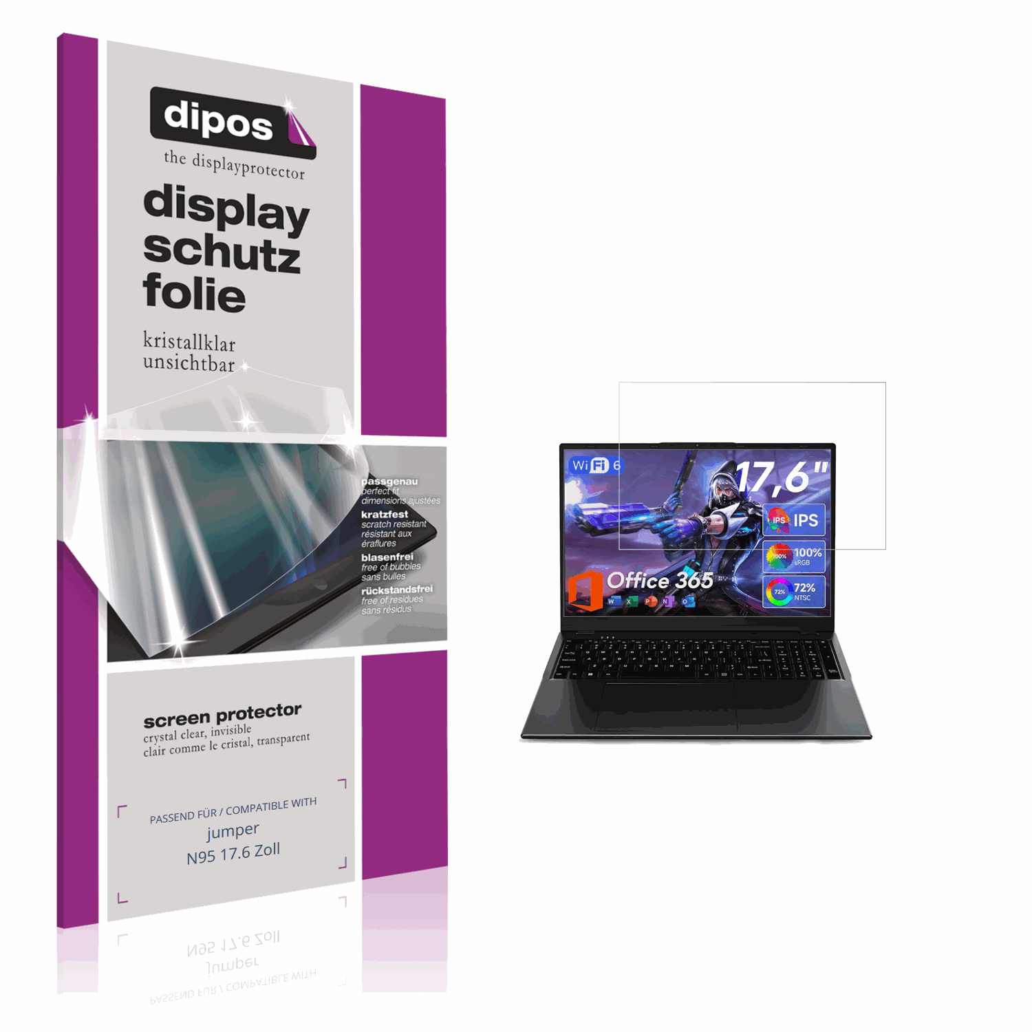 Klare Displayschutzfolie von dipos passend für jumper N95 17.6 Zoll, präziser Zuschnitt und blasenfrei montiert