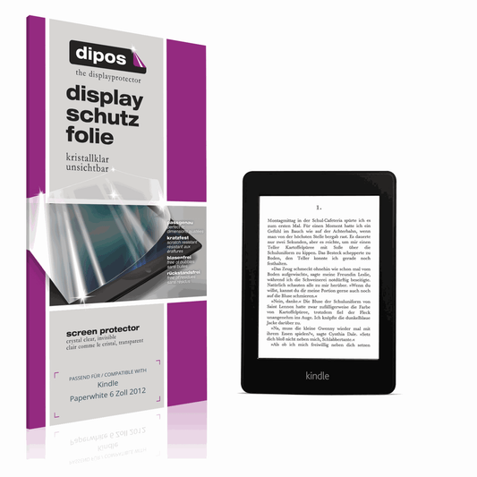 Klare Displayschutzfolie von dipos passend für Kindle Paperwhite 6 Zoll 2012, präziser Zuschnitt und blasenfrei montiert