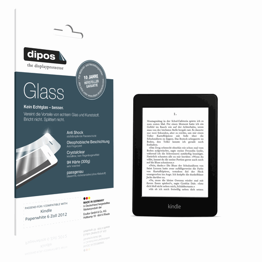 Klare Displayschutzfolie von dipos passend für Kindle Paperwhite 6 Zoll 2012, 9H kratzfest und blasenfrei montiert