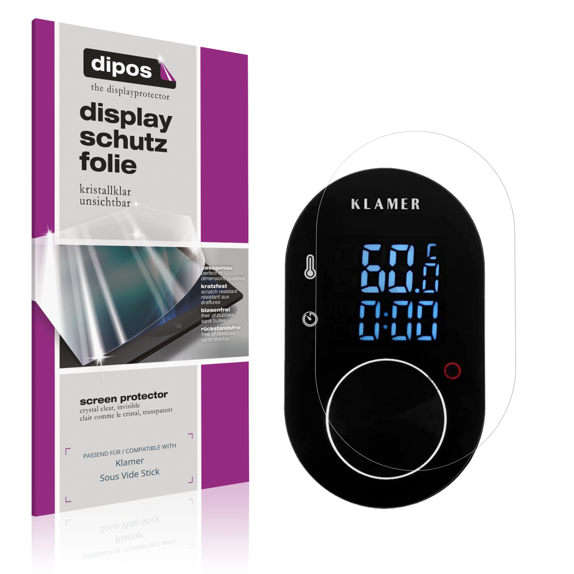Klare Displayschutzfolie von dipos passend für Klamer Sous Vide Stick, präziser Zuschnitt und blasenfrei montiert