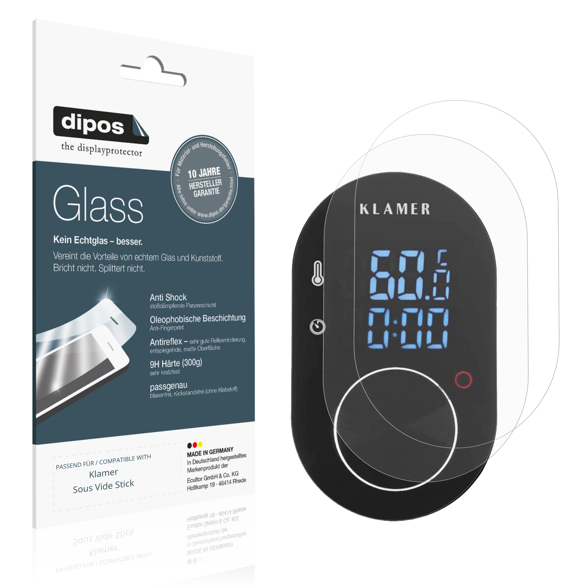 Matte Displayschutzfolie von dipos passend für Klamer Sous Vide Stick, 9H kratzfest und blasenfrei montiert