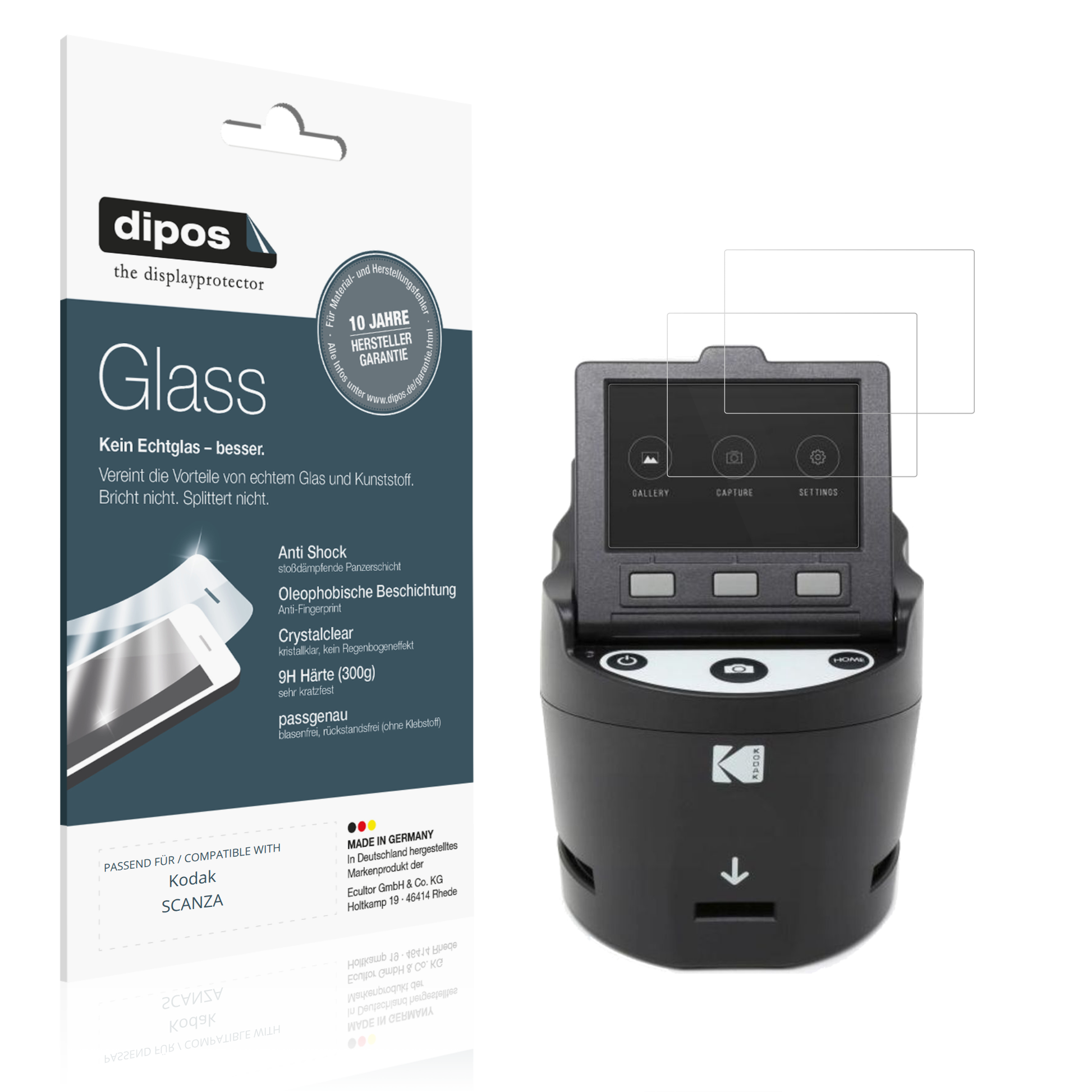 Klare Displayschutzfolie von dipos passend für Kodak SCANZA, 9H kratzfest und blasenfrei montiert