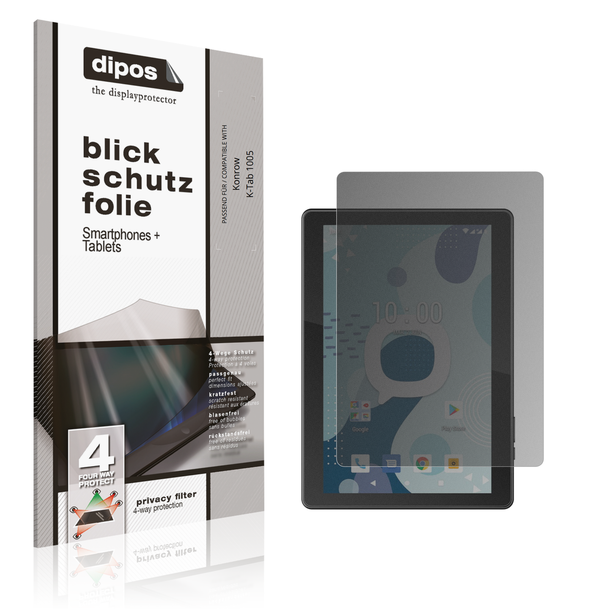 Blickschutzfolie von dipos passend für Konrow K-Tab 1005, präziser Zuschnitt und blasenfrei montiert