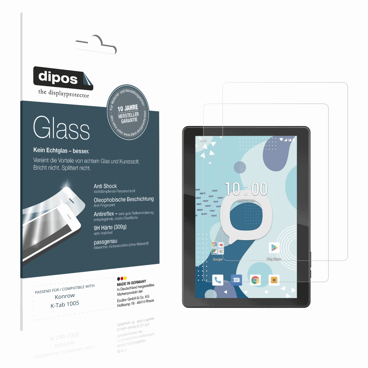 Matte Displayschutzfolie von dipos passend für Konrow K-Tab 1005, 9H kratzfest und blasenfrei montiert