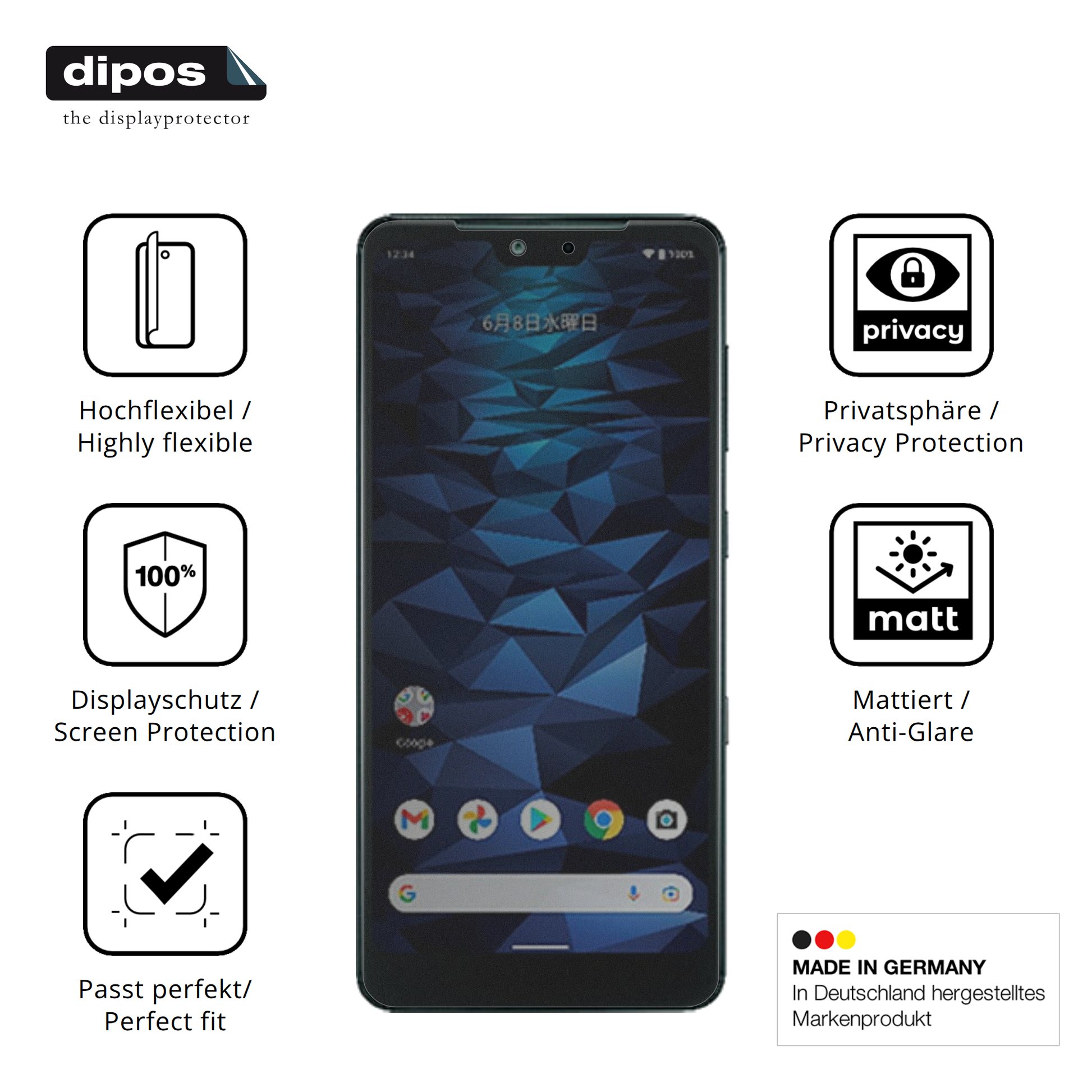 Flexible TPU-Folie passend zugeschnitten für Kyocera Digno WX, mit Privatsphäre-Schutz durch Sichtschutz-Folie