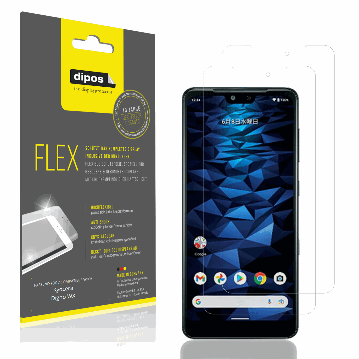 Klare Displayschutzfolie von dipos passend für Kyocera Digno WX, 100% Displayabdeckung und blasenfreie Montage