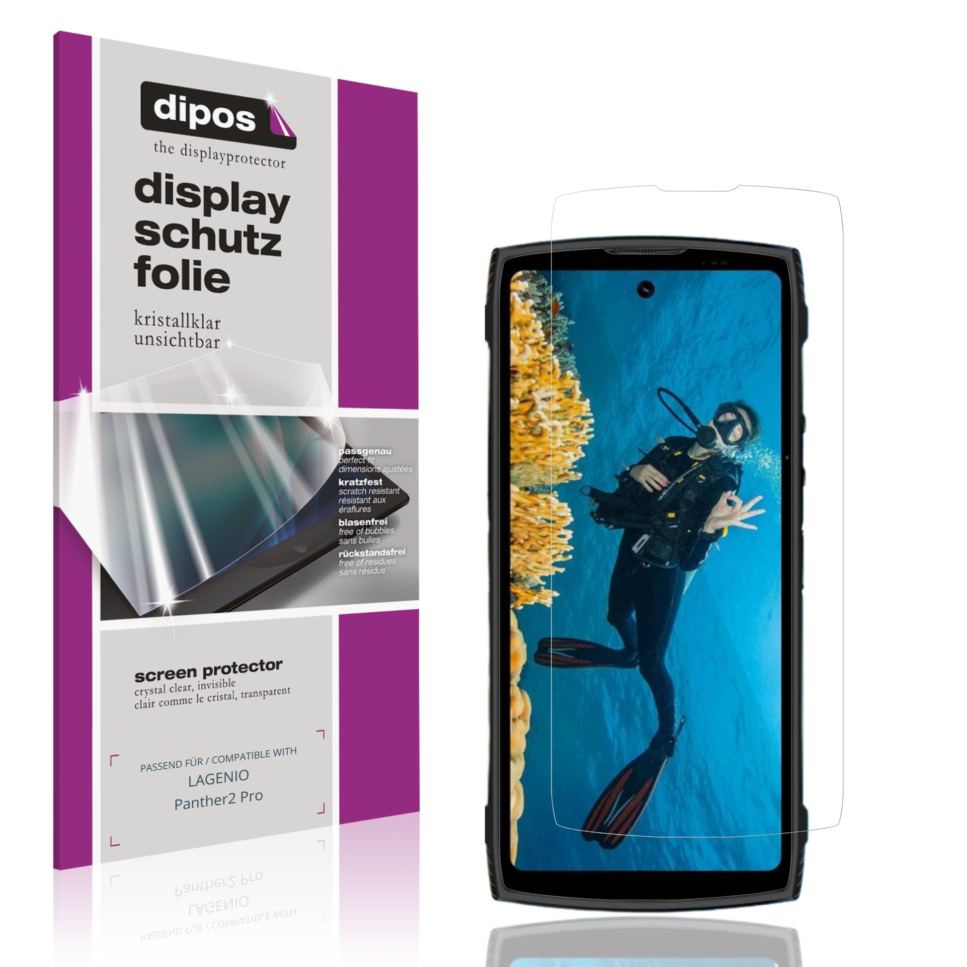 Klare Displayschutzfolie von dipos passend für LAGENIO Panther2 Pro, präziser Zuschnitt und blasenfrei montiert
