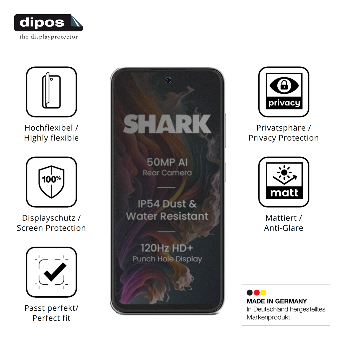 Flexible TPU-Folie passend zugeschnitten für Lava Shark 2, mit Privatsphäre-Schutz durch Sichtschutz-Folie