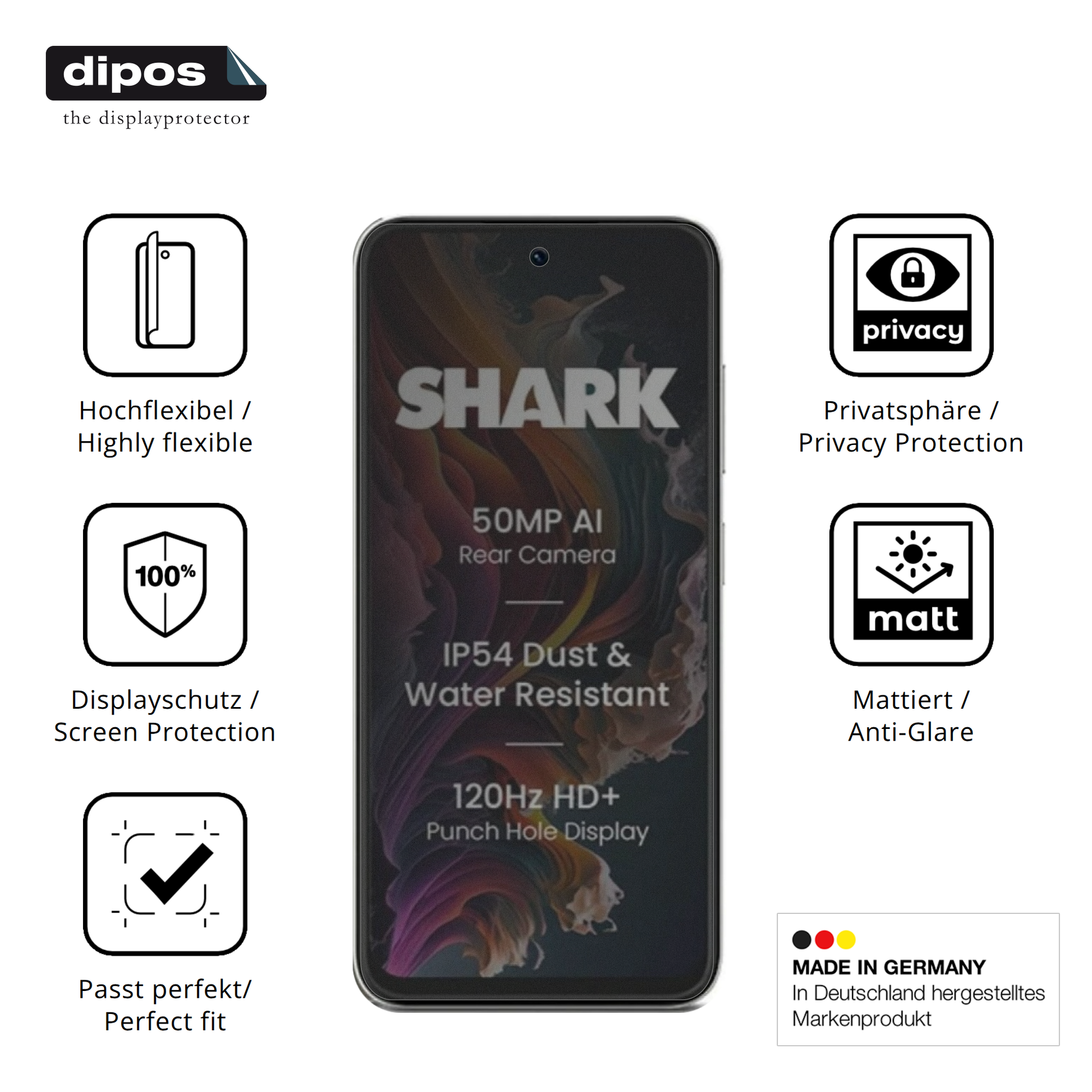 Flexible TPU-Folie passend zugeschnitten für Lava Shark 2, mit Privatsphäre-Schutz durch Sichtschutz-Folie