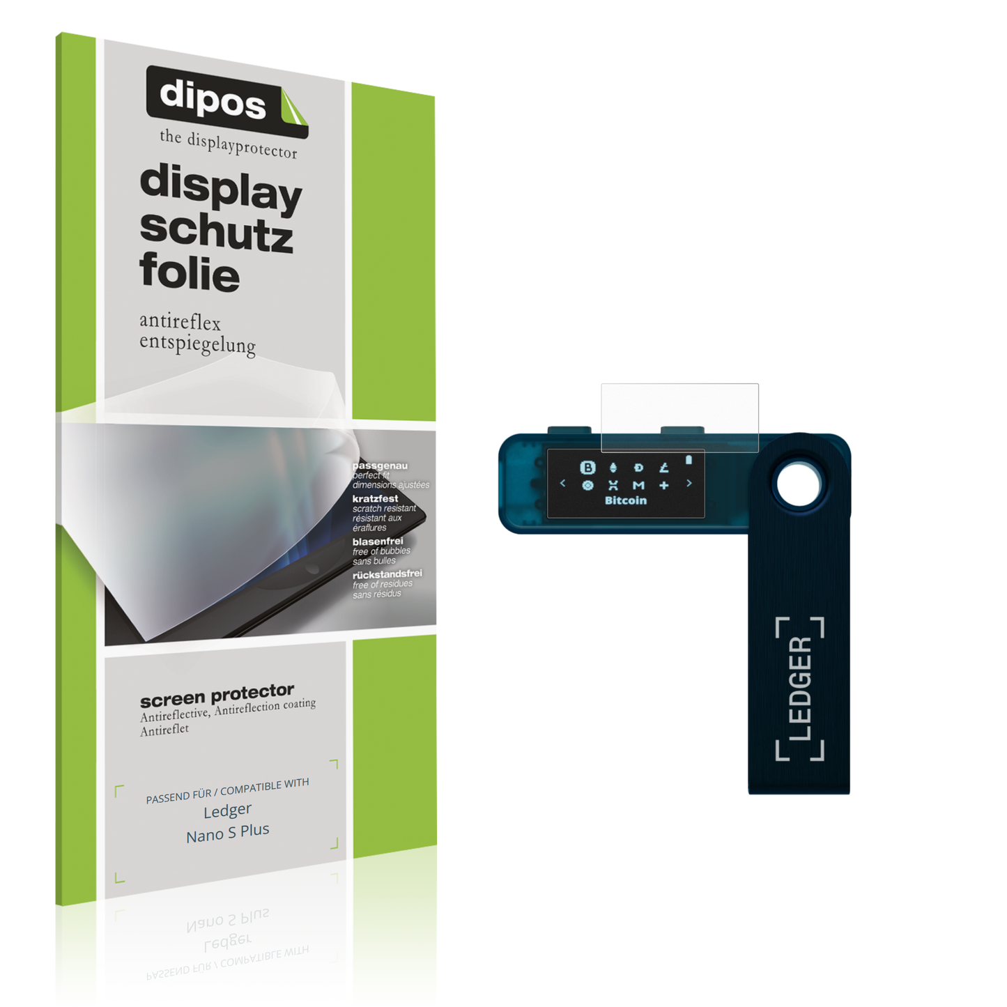 Matte Displayschutzfolie von dipos passend für Ledger Nano S Plus, präziser Zuschnitt und blasenfrei montiert