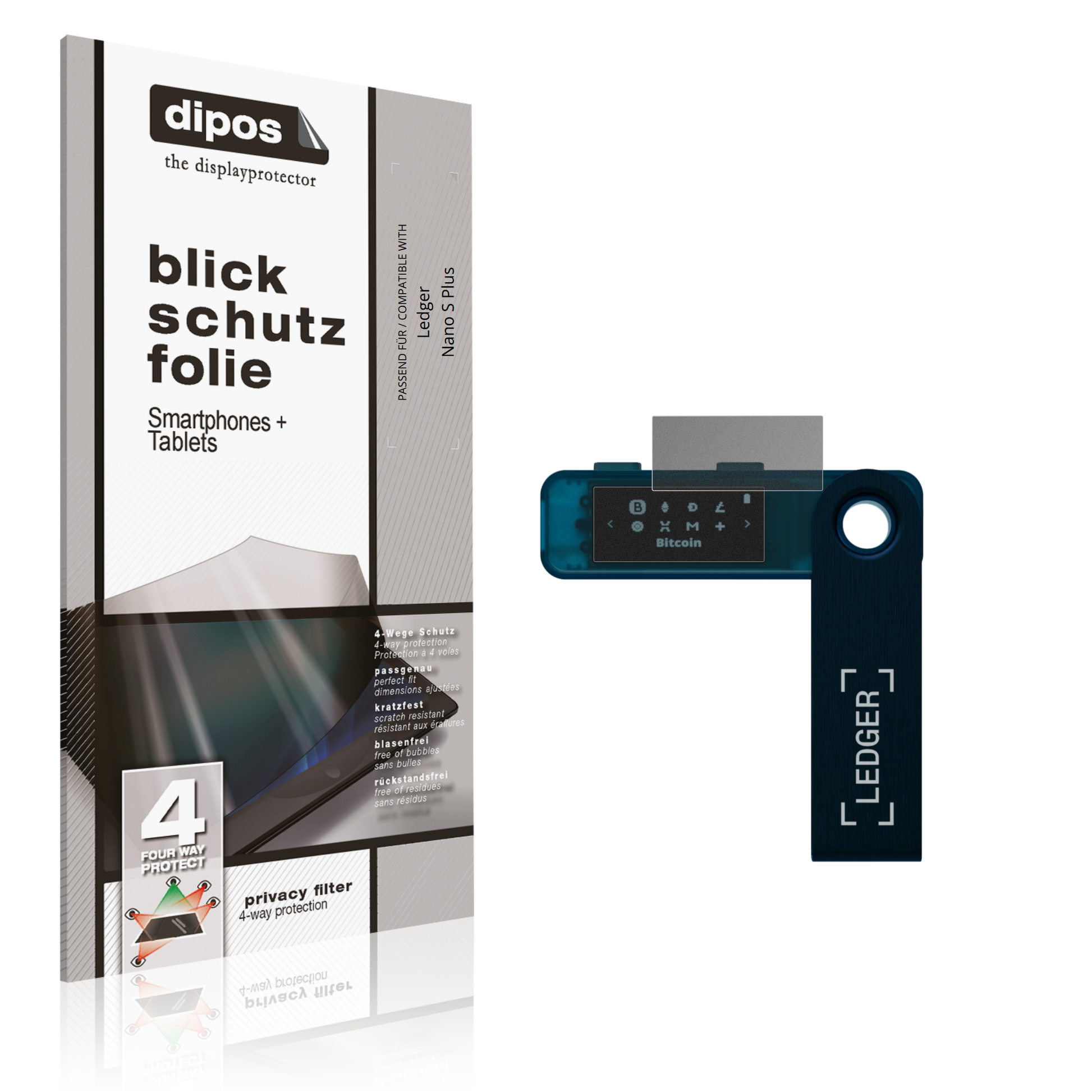 Blickschutzfolie von dipos passend für Ledger Nano S Plus, präziser Zuschnitt und blasenfrei montiert