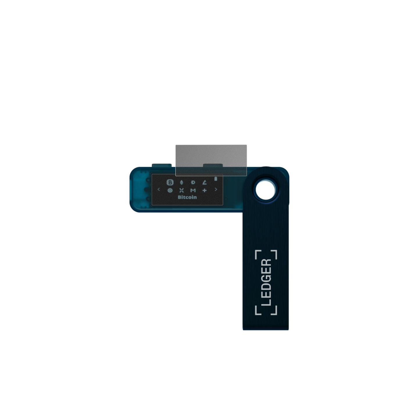 LedgerNano S Plus mit aufgebrachtem dipos Displayschutz, der seitliche Einblicke blockiert