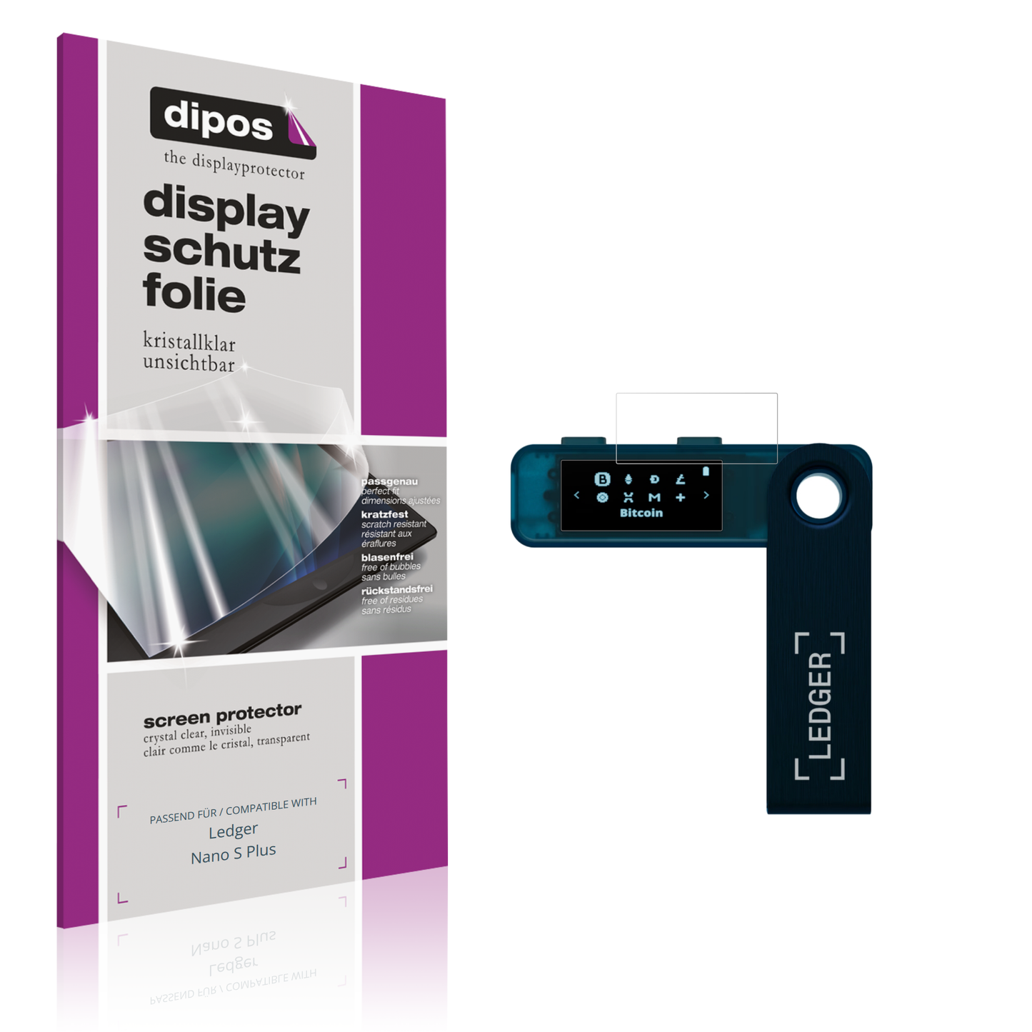Klare Displayschutzfolie von dipos passend für Ledger Nano S Plus, präziser Zuschnitt und blasenfrei montiert