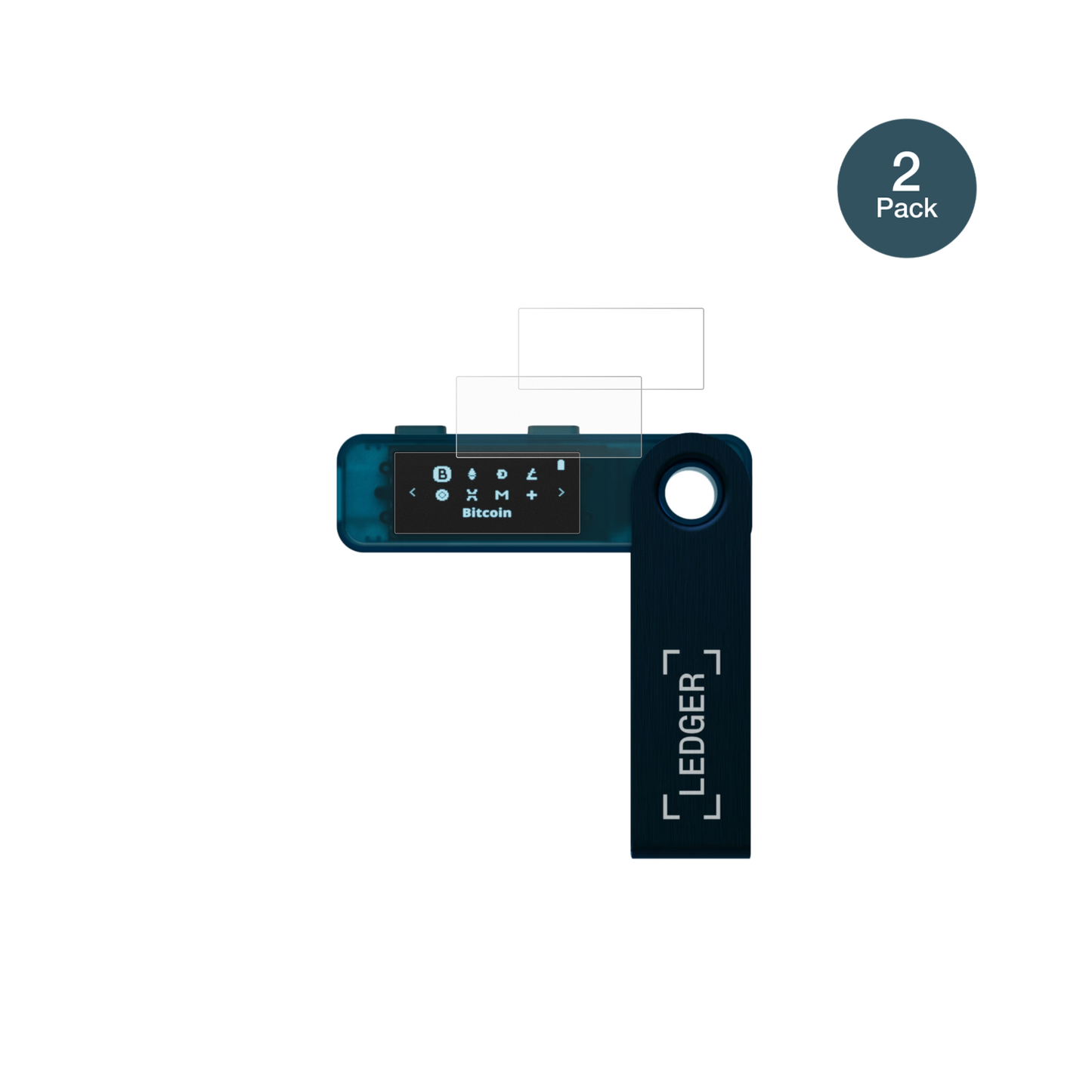 LedgerNano S Plus mit aufgebrachter dipos Panzerfolie, die lästige Fingerabdrücke minimiert