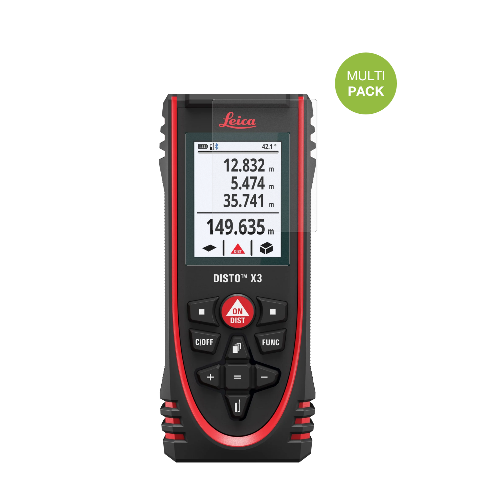 LeicaDisto X3 mit aufgebrachter dipos Displayschutzfolie, die lästige Fingerabdrücke minimiert