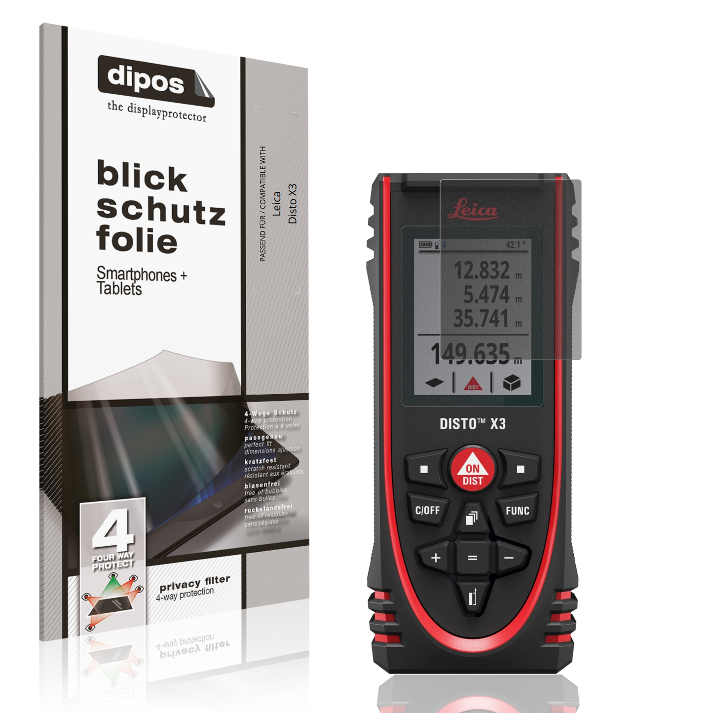Blickschutzfolie von dipos passend für Leica Disto X3, präziser Zuschnitt und blasenfrei montiert