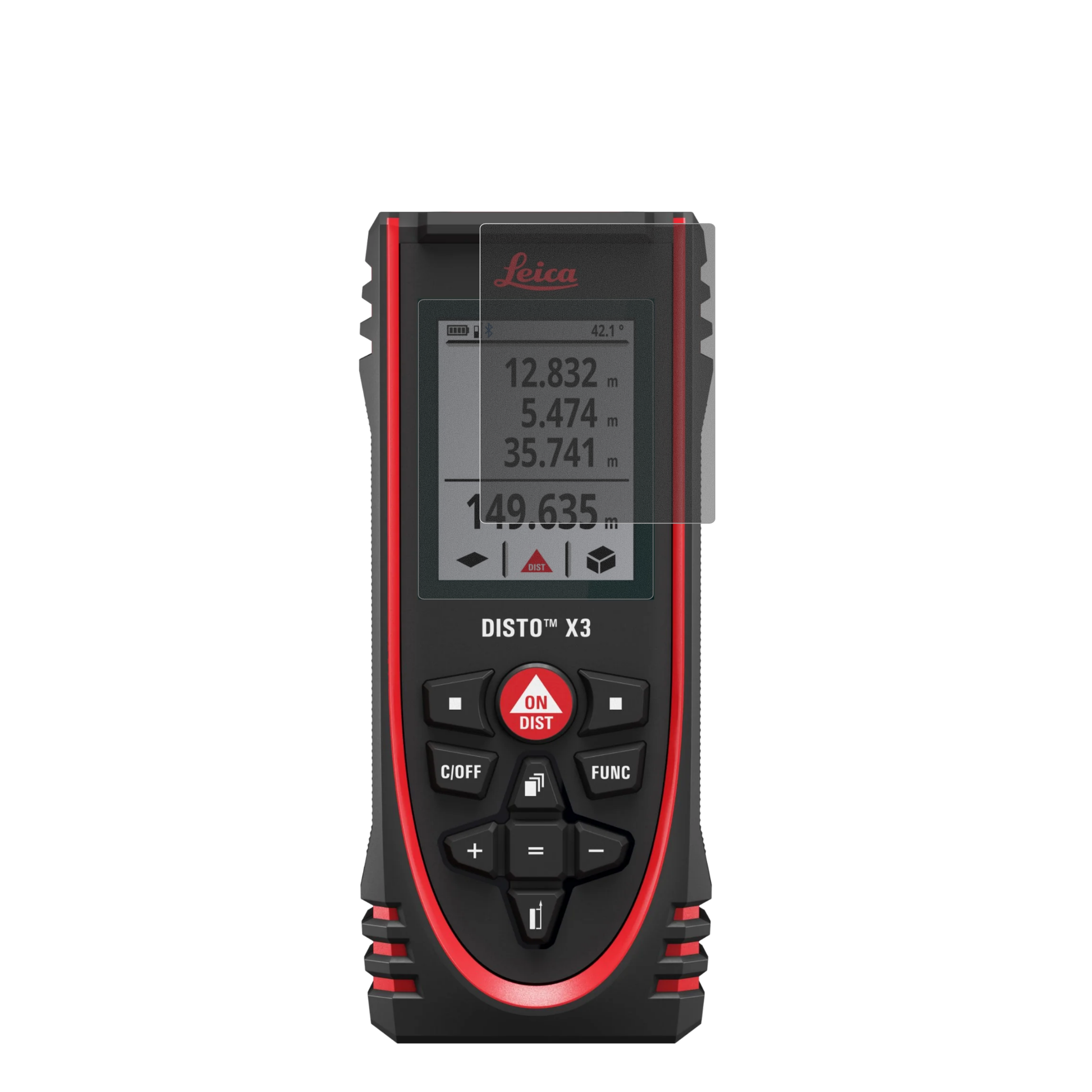 LeicaDisto X3 mit aufgebrachtem dipos Displayschutz, der seitliche Einblicke blockiert