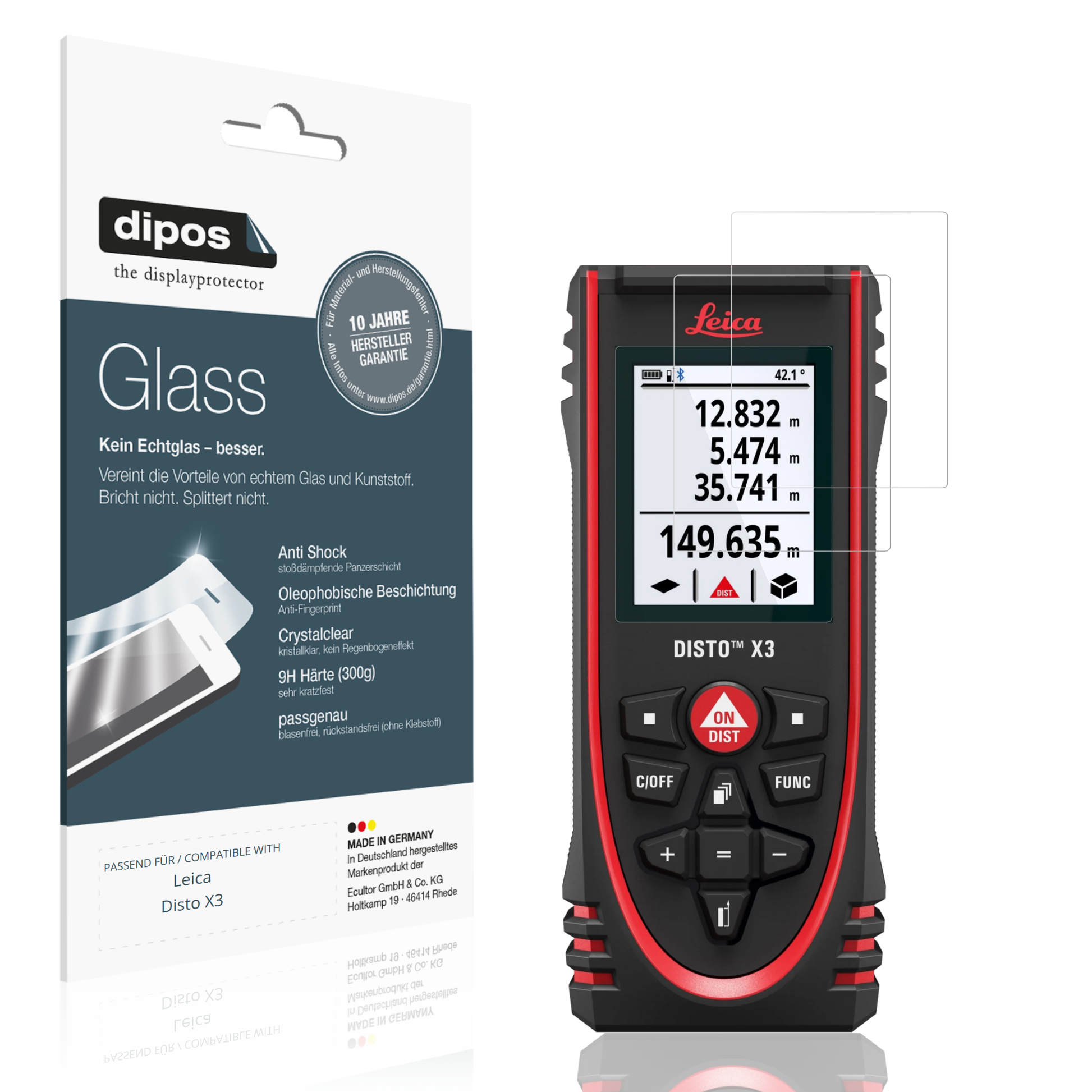 Klare Displayschutzfolie von dipos passend für Leica Disto X3, 9H kratzfest und blasenfrei montiert