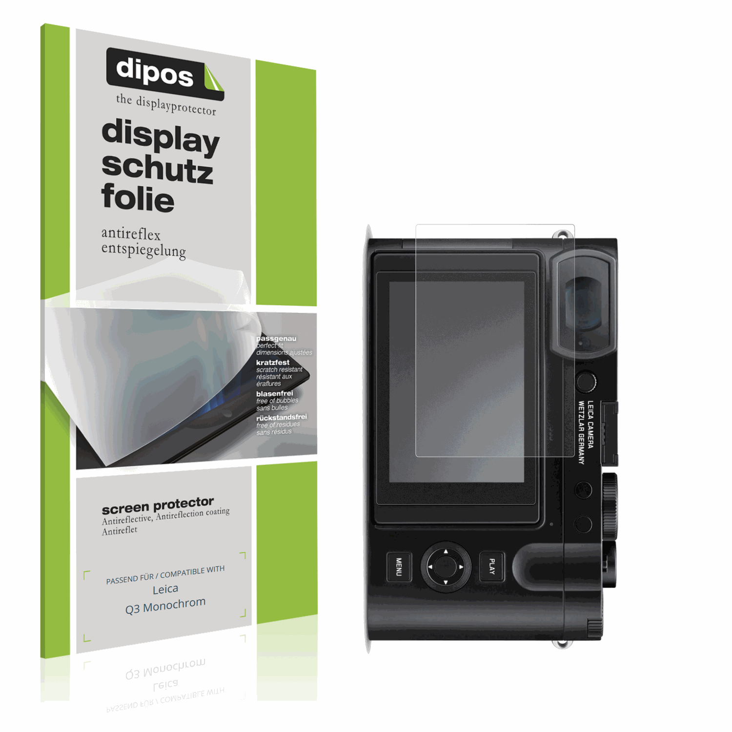 Matte Displayschutzfolie von dipos passend für Leica Q3 Monochrom, präziser Zuschnitt und blasenfrei montiert