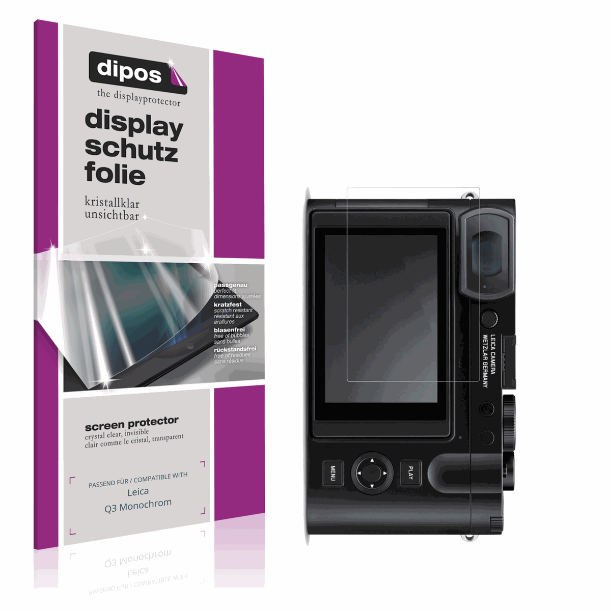 Klare Displayschutzfolie von dipos passend für Leica Q3 Monochrom, präziser Zuschnitt und blasenfrei montiert