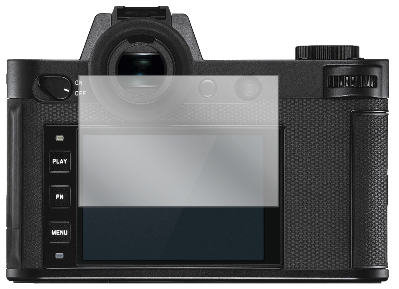 LeicaSL2-S mit aufgebrachter dipos Displayschutzfolie, glasklare Darstellung ohne Einschränkungen