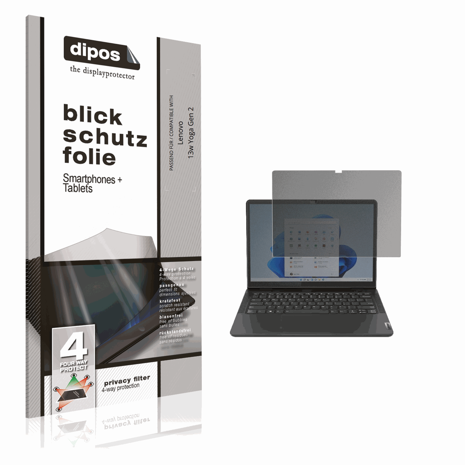 Blickschutzfolie von dipos passend für lenovo13w yoga gen 2, präziser Zuschnitt und blasenfrei montiert