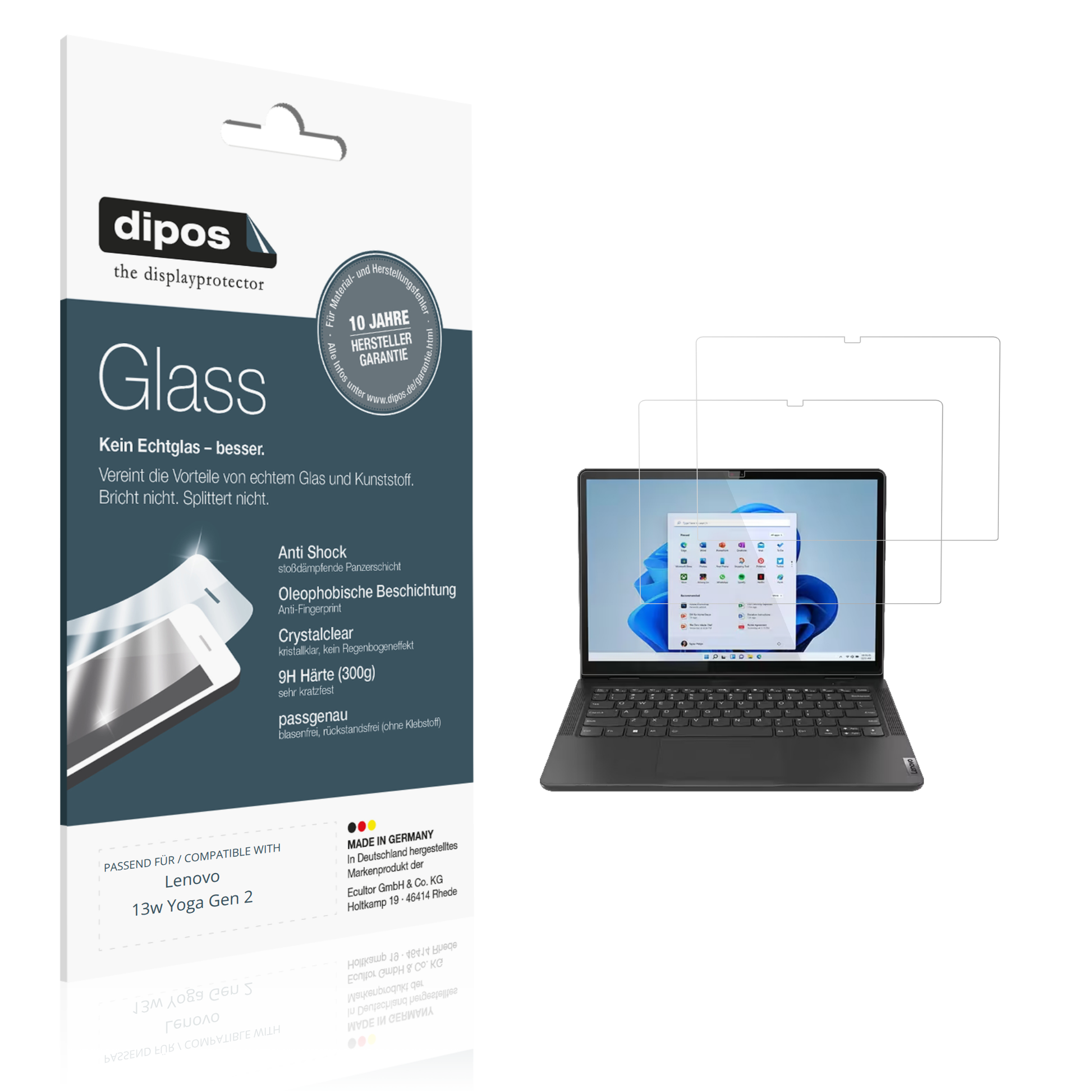Klare Displayschutzfolie von dipos passend für lenovo13w yoga gen 2, 9H kratzfest und blasenfrei montiert