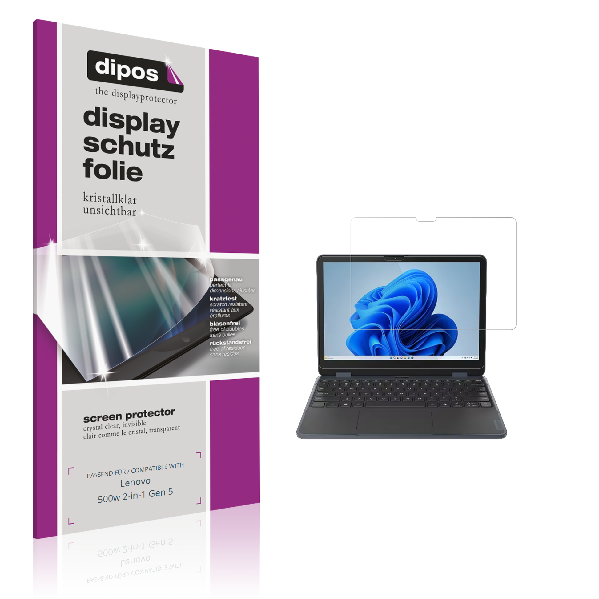 Klare Displayschutzfolie von dipos passend für Lenovo 500w 2-in-1 Gen 5, präziser Zuschnitt und blasenfrei montiert