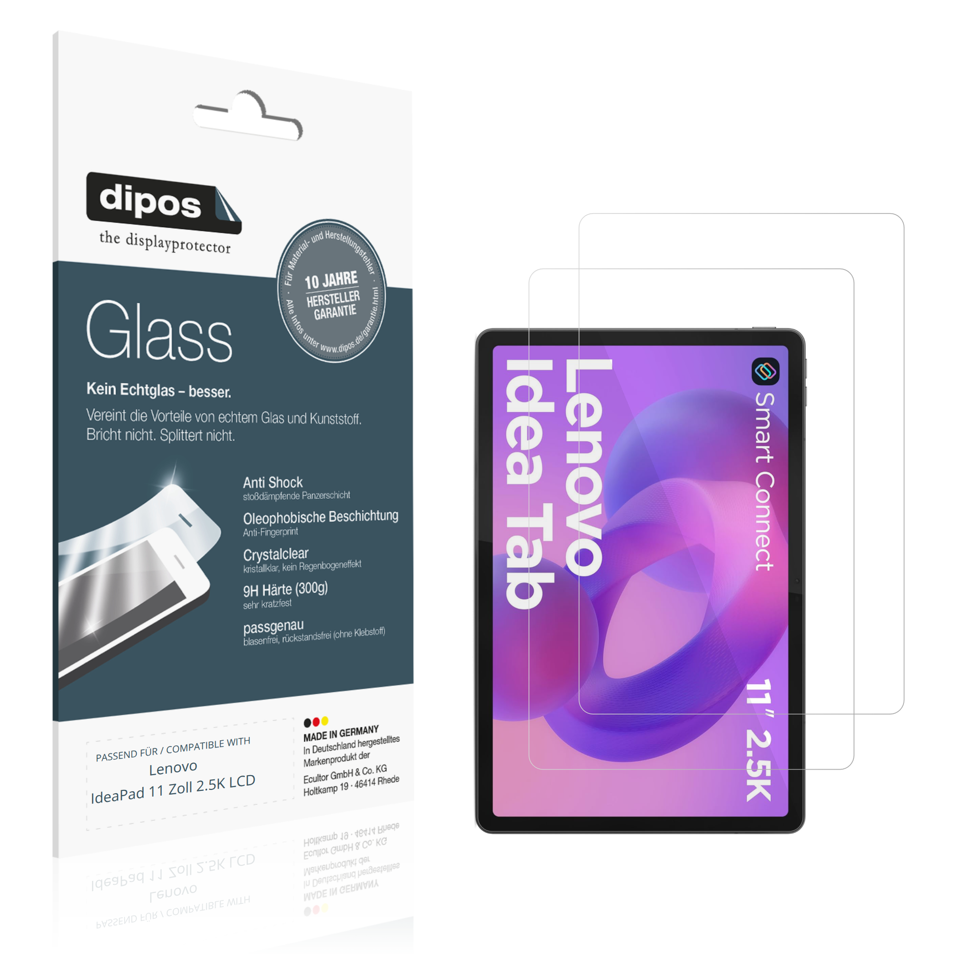 Klare Displayschutzfolie von dipos passend für Lenovo IdeaPad 11 Zoll 2.5K LCD, 9H kratzfest und blasenfrei montiert