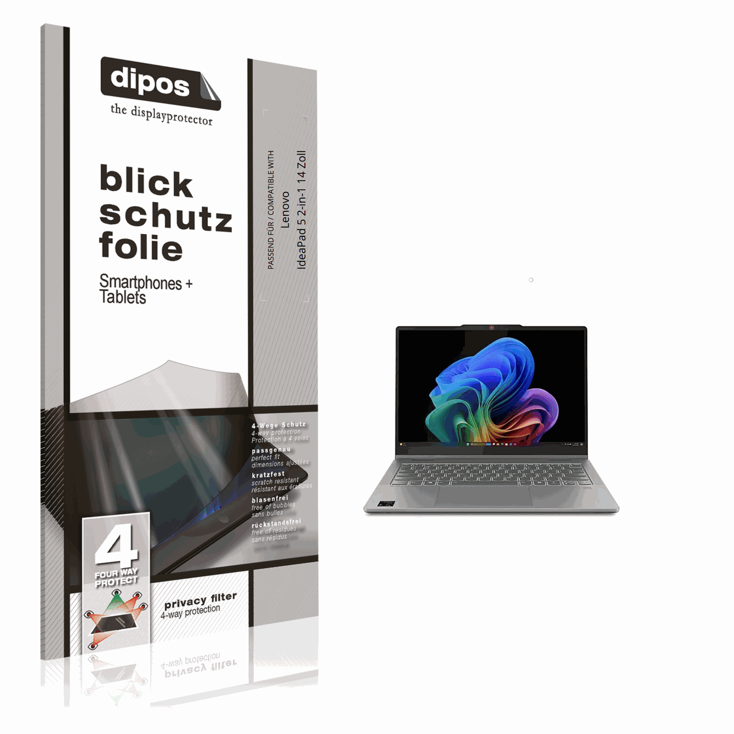 Blickschutzfolie von dipos passend für Lenovo IdeaPad 5 2-in-1 14 Zoll, präziser Zuschnitt und blasenfrei montiert