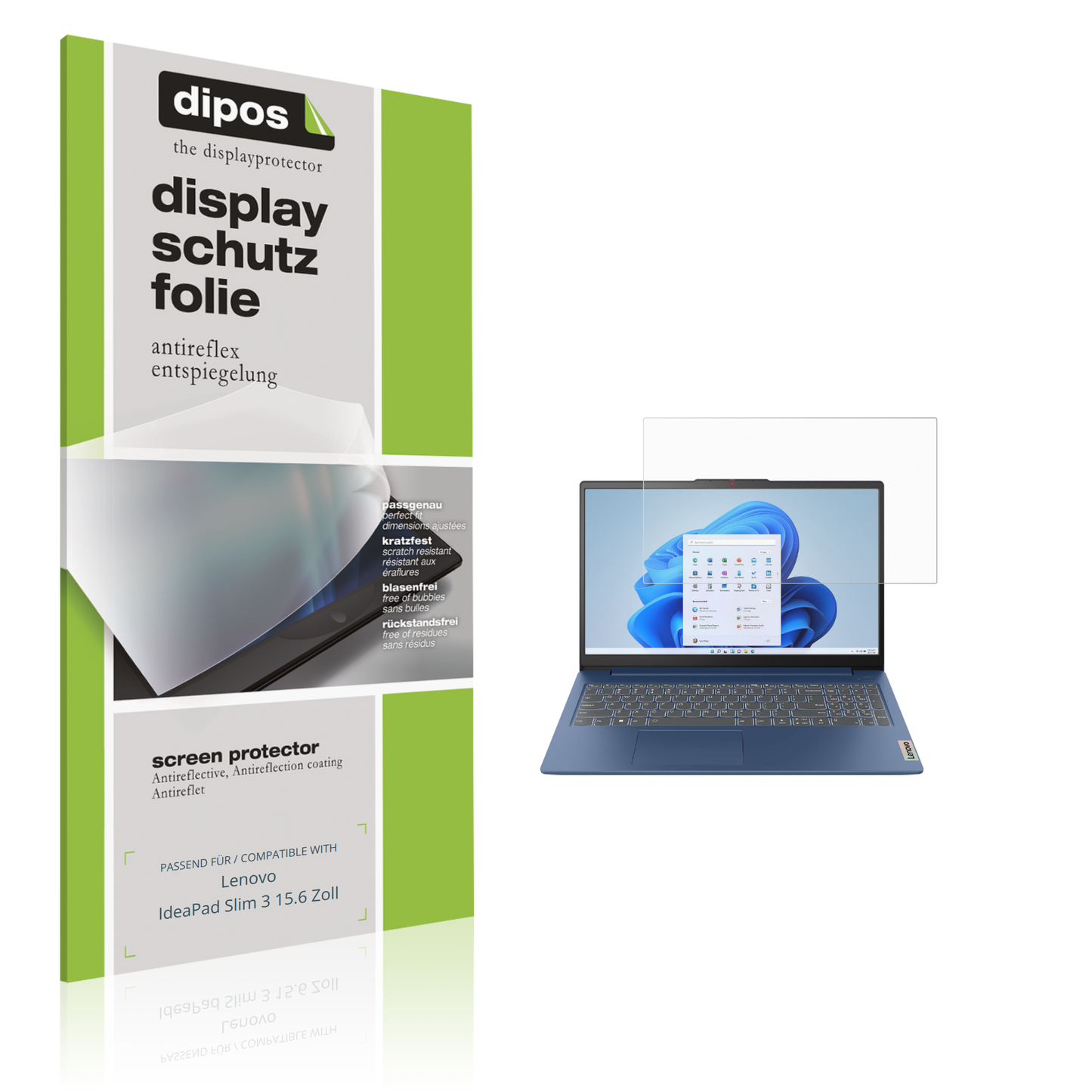 Matte Displayschutzfolie von dipos passend für Lenovo IdeaPad Slim 3 15.6 Zoll, präziser Zuschnitt und blasenfrei montiert