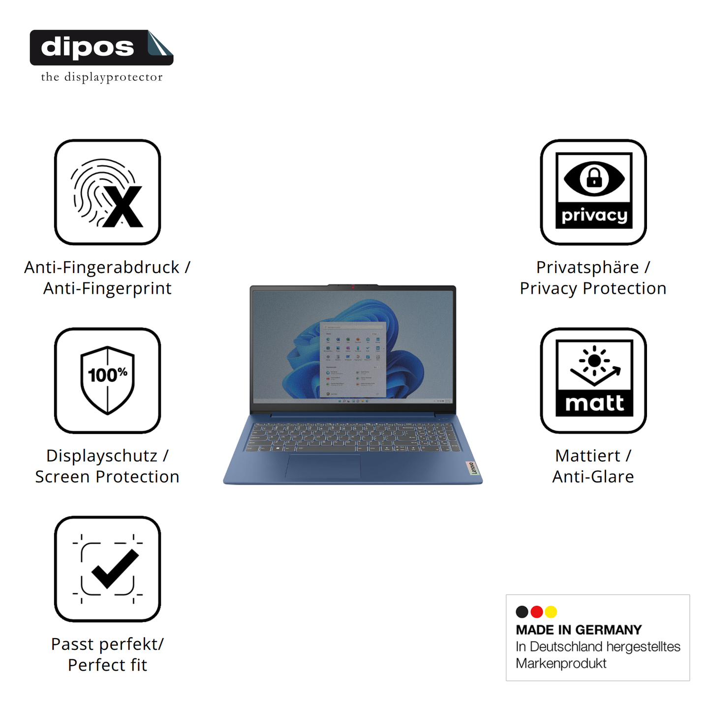 Privatsphäre-Schutz durch Sichtschutz-Folie passend zugeschnitten für Lenovo IdeaPad Slim 3 15.6 Zoll