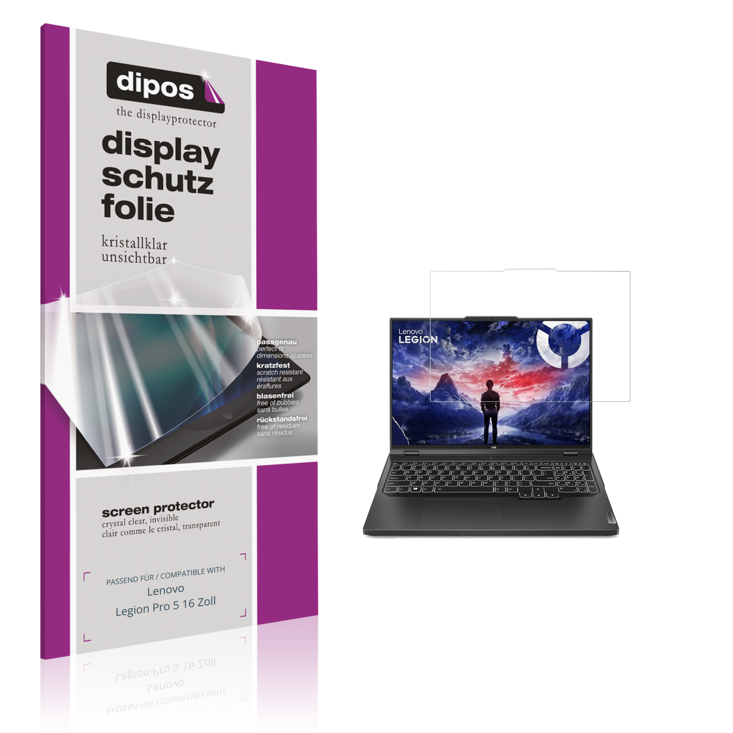 Klare Displayschutzfolie von dipos passend für Lenovo Legion Pro 5 16 Zoll, präziser Zuschnitt und blasenfrei montiert