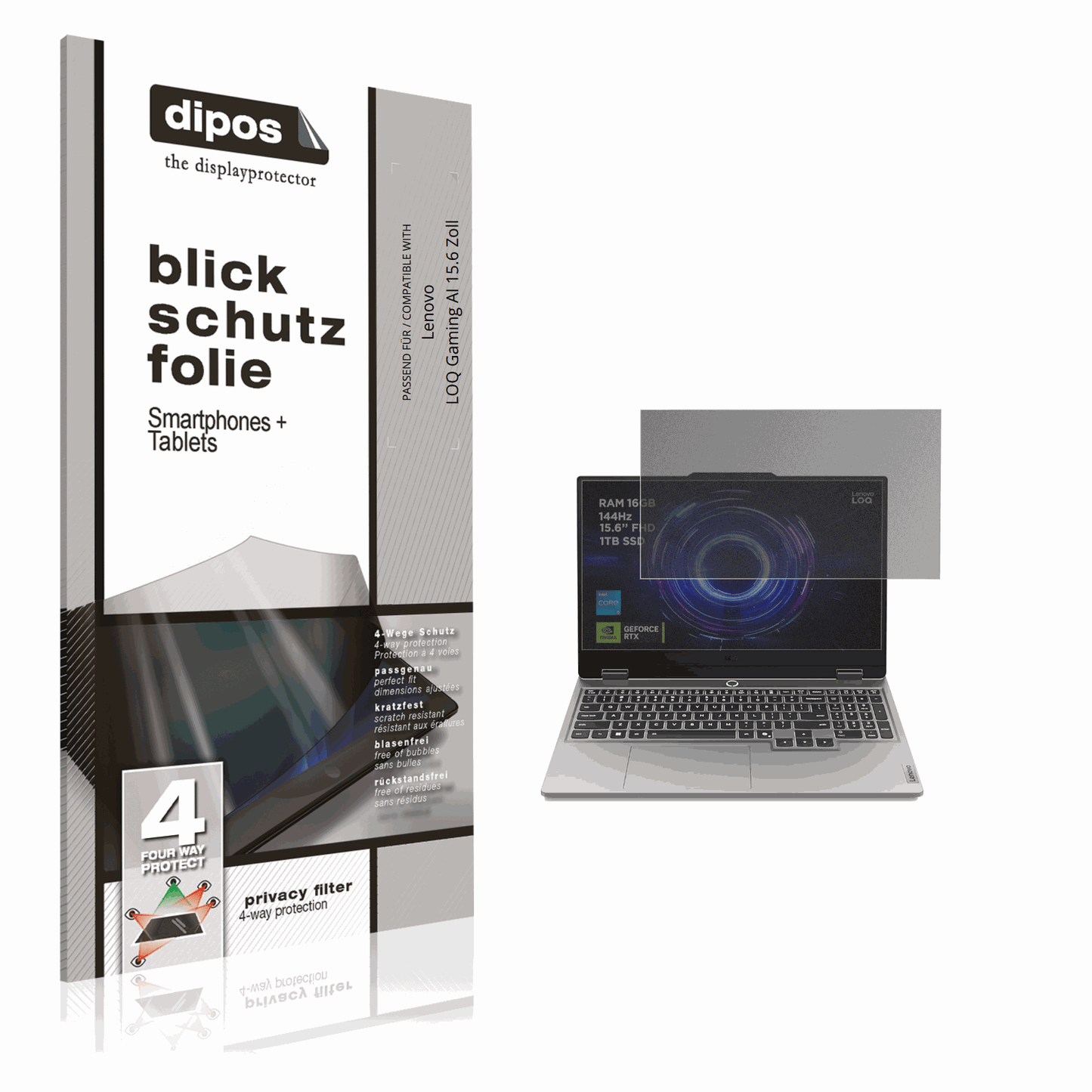 Blickschutzfolie von dipos passend für Lenovo LOQ Gaming AI 15.6 Zoll, präziser Zuschnitt und blasenfrei montiert