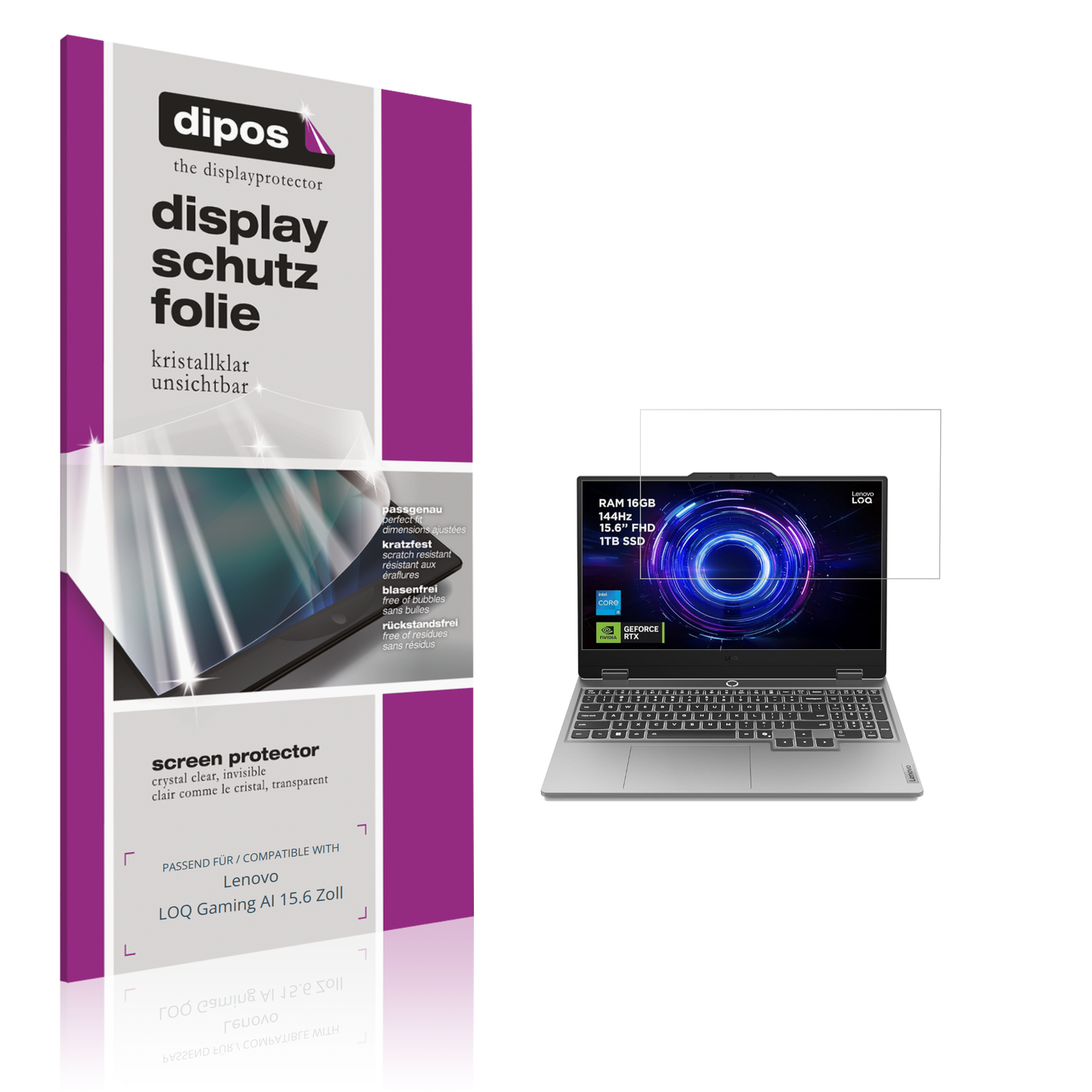 Klare Displayschutzfolie von dipos passend für Lenovo LOQ Gaming AI 15.6 Zoll, präziser Zuschnitt und blasenfrei montiert