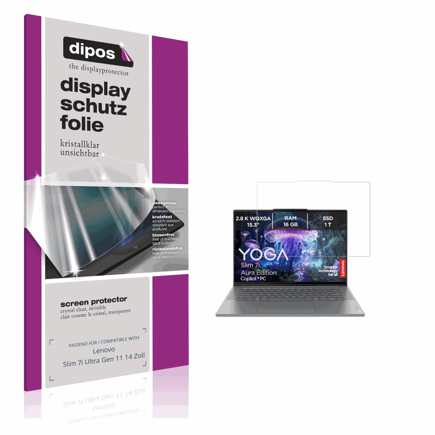 Klare Displayschutzfolie von dipos passend für Lenovo Slim 7i Ultra Gen 11 14 Zoll, präziser Zuschnitt und blasenfrei montiert