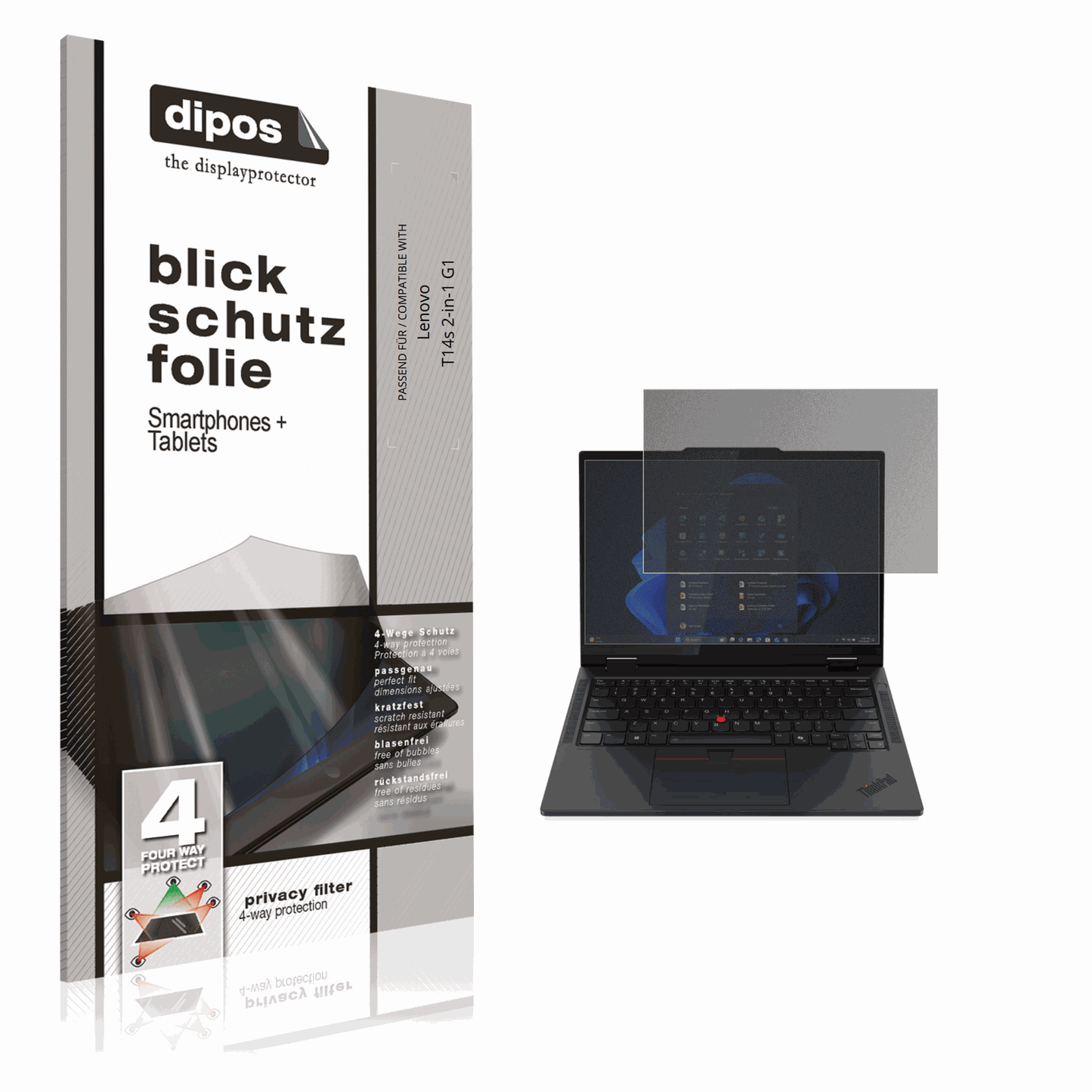 Blickschutzfolie von dipos passend für Lenovo T14s 2-in-1 G1, präziser Zuschnitt und blasenfrei montiert
