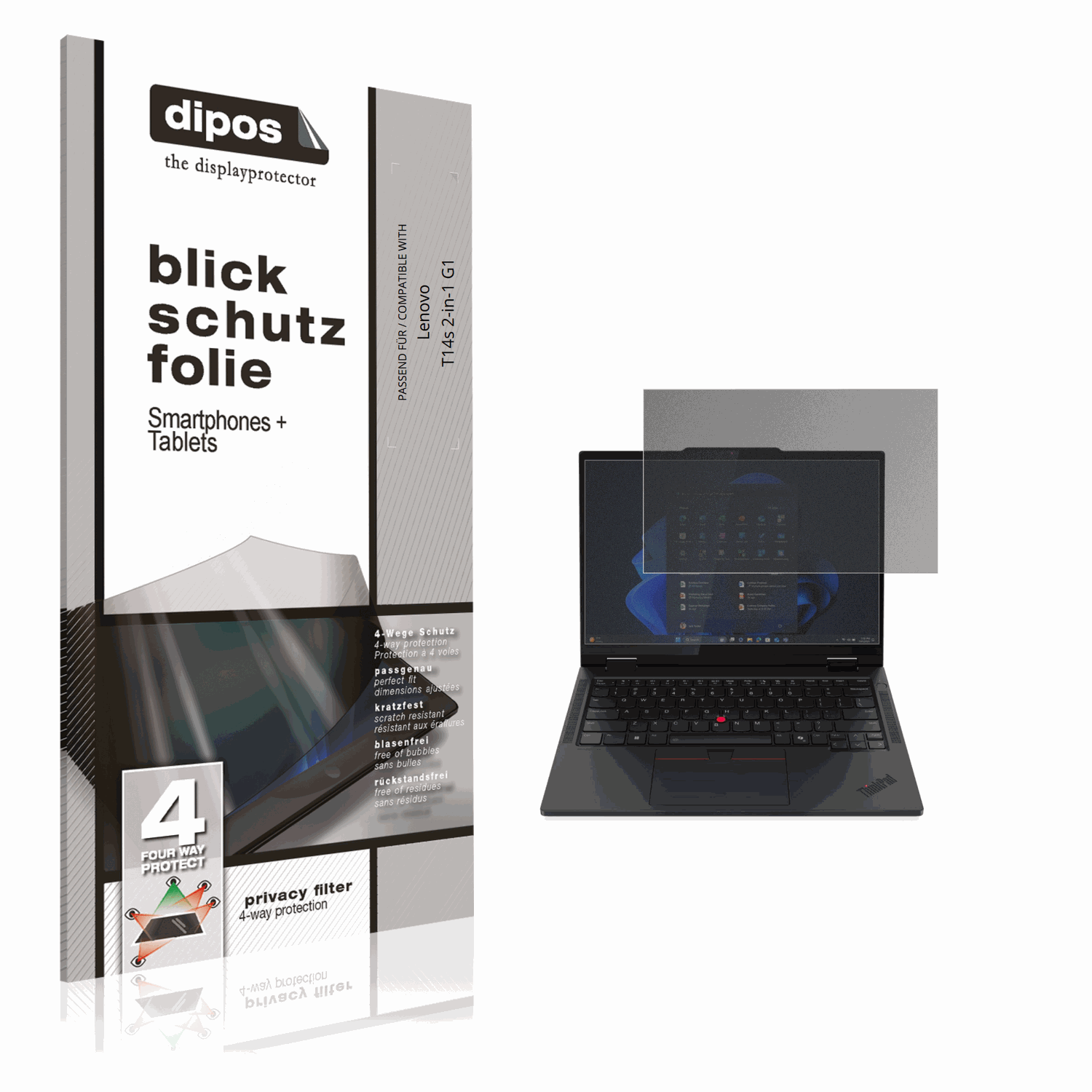 Blickschutzfolie von dipos passend für Lenovo T14s 2-in-1 G1, präziser Zuschnitt und blasenfrei montiert
