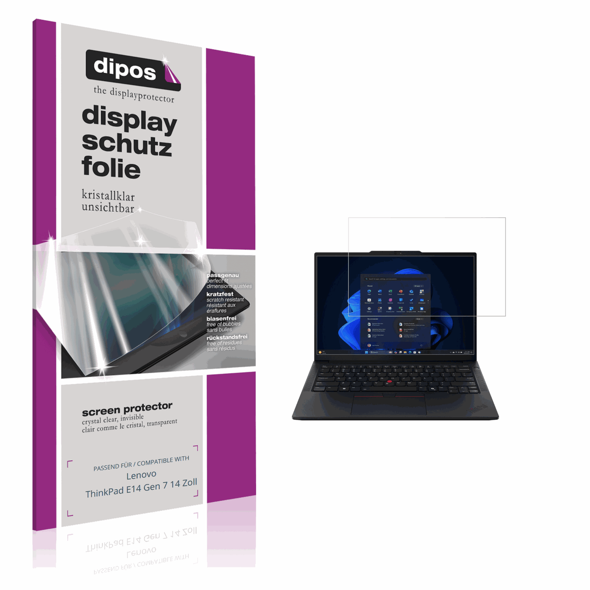 Klare Displayschutzfolie von dipos passend für Lenovo Thinkpad E14 Gen7 14 Zoll, präziser Zuschnitt und blasenfrei montiert