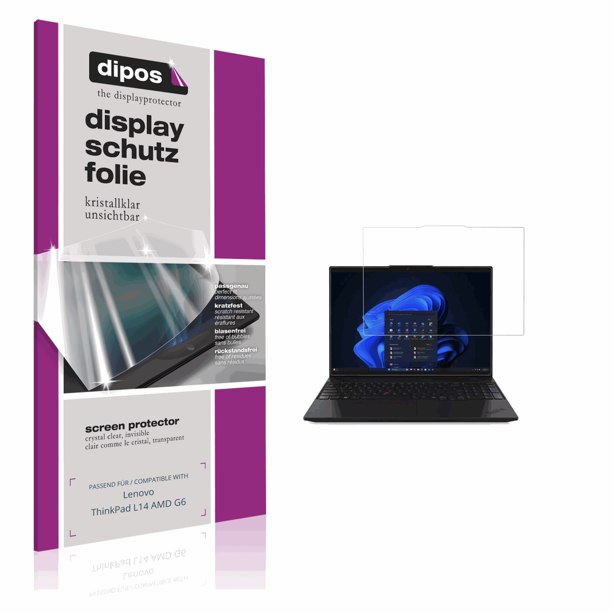 Klare Displayschutzfolie von dipos passend für Lenovo ThinkPad L14 AMD G6, präziser Zuschnitt und blasenfrei montiert