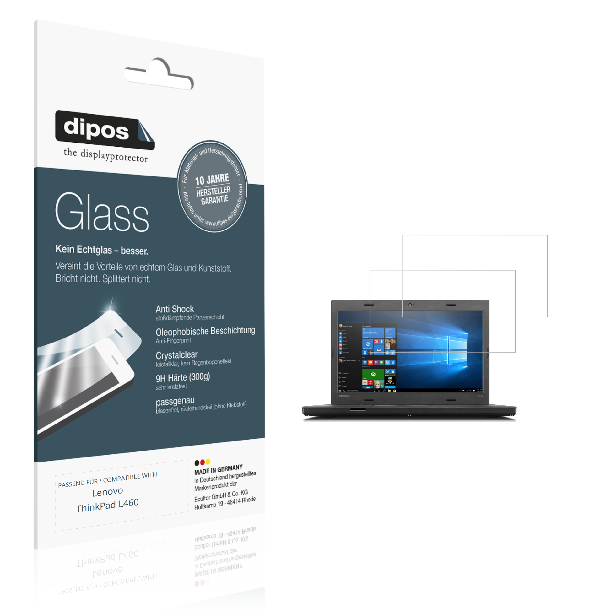 Klare Displayschutzfolie von dipos passend für Lenovo ThinkPad L460, 9H kratzfest und blasenfrei montiert