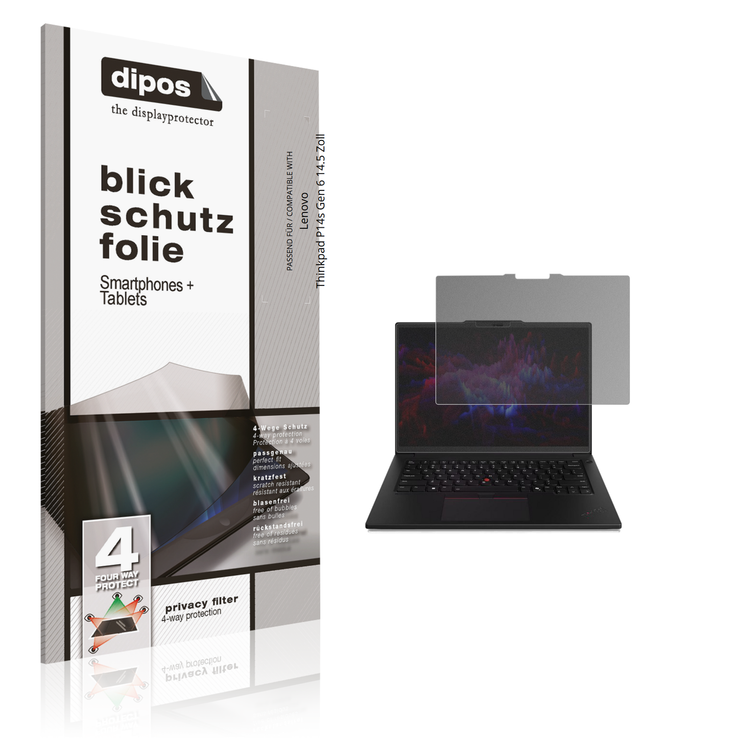 Blickschutzfolie von dipos passend für lenovothinkpad p14s gen 6 14.5 zoll, präziser Zuschnitt und blasenfrei montiert