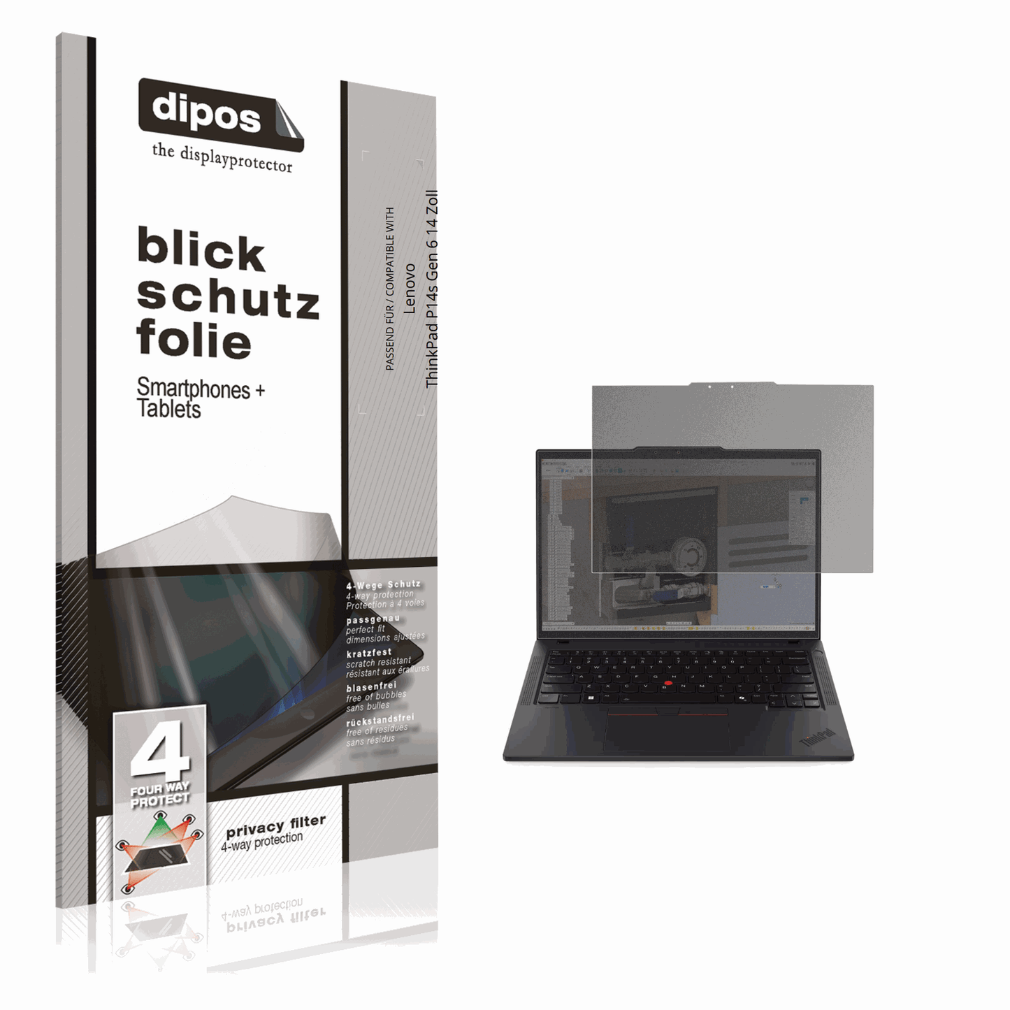 Blickschutzfolie von dipos passend für Lenovo ThinkPad P14s Gen 6 14 Zoll, präziser Zuschnitt und blasenfrei montiert