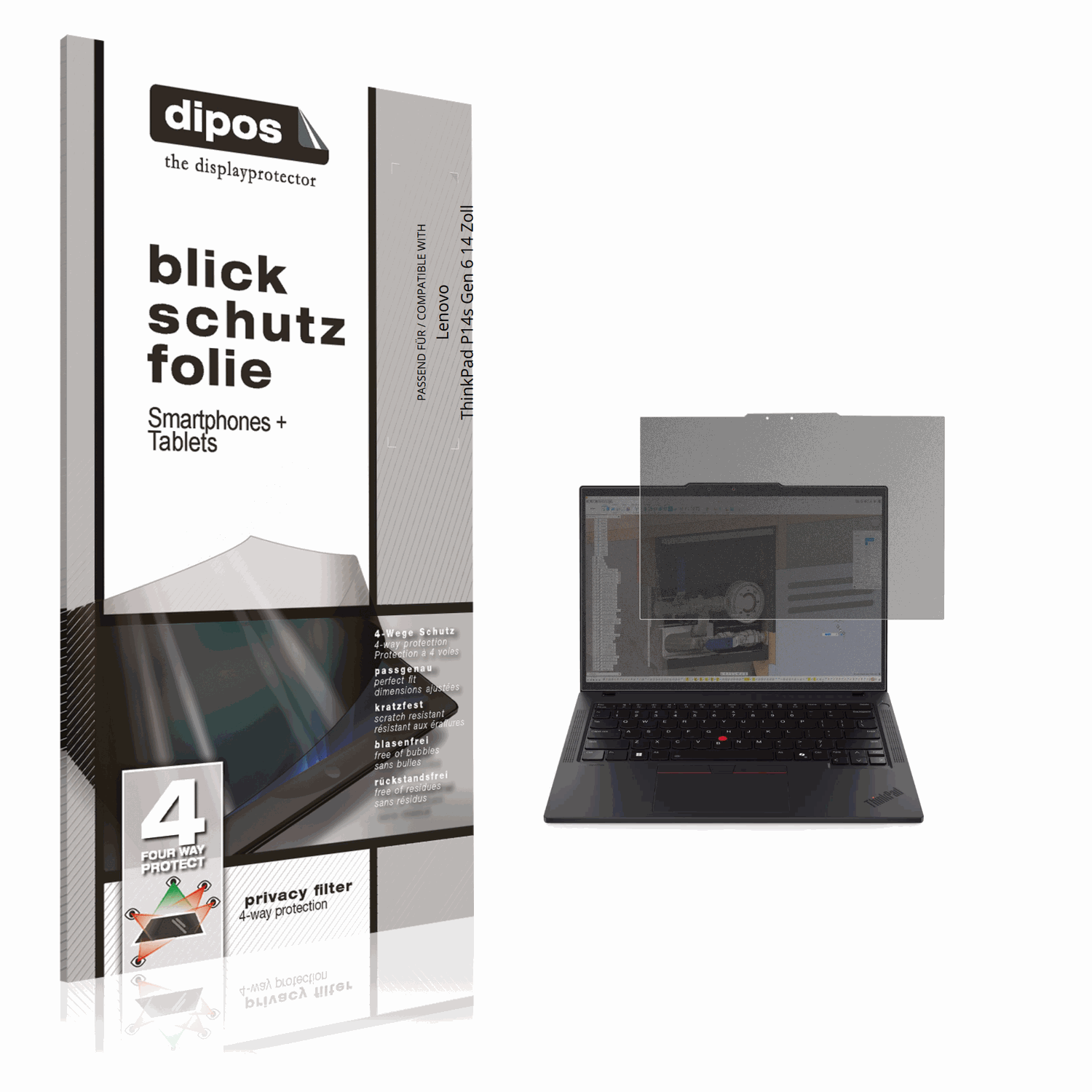 Blickschutzfolie von dipos passend für Lenovo ThinkPad P14s Gen 6 14 Zoll, präziser Zuschnitt und blasenfrei montiert
