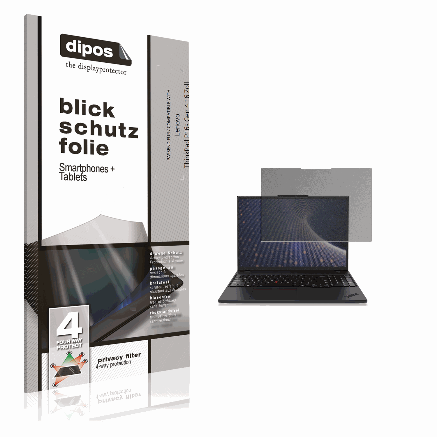 Blickschutzfolie von dipos passend für Lenovo ThinkPad P16s Gen 4 16 Zoll, präziser Zuschnitt und blasenfrei montiert