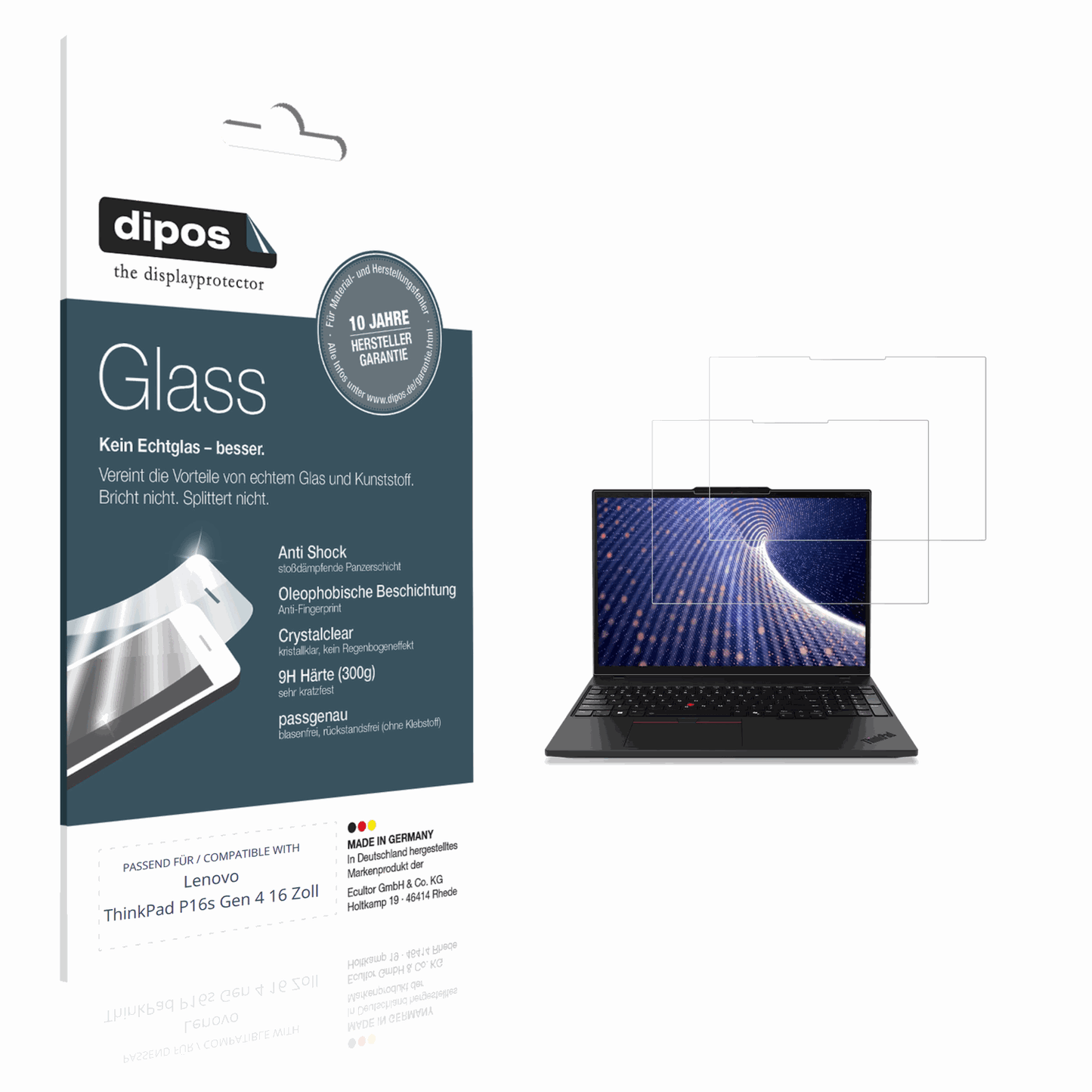 Klare Displayschutzfolie von dipos passend für Lenovo ThinkPad P16s Gen 4 16 Zoll, 9H kratzfest und blasenfrei montiert
