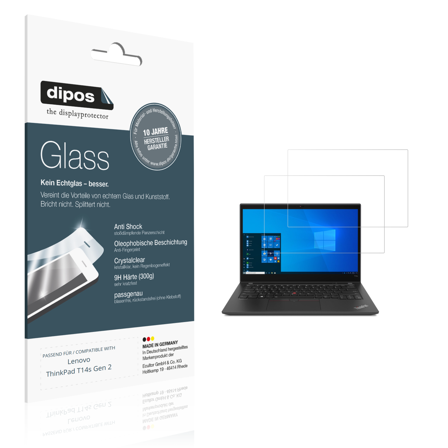 Klare Displayschutzfolie von dipos passend für Lenovo ThinkPad T14s Gen 2, 9H kratzfest und blasenfrei montiert