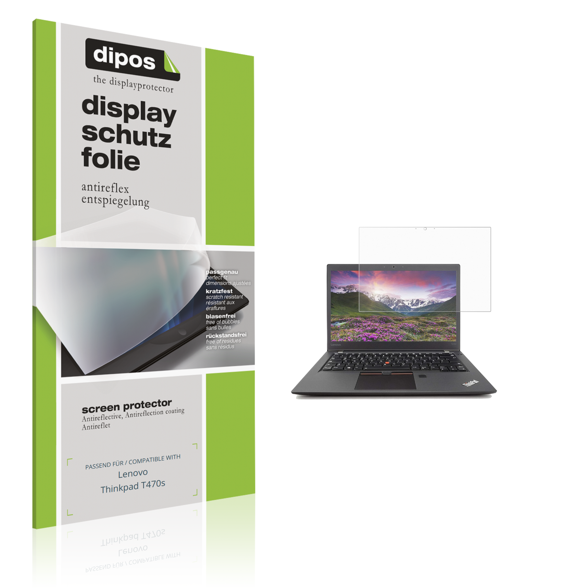 Matte Displayschutzfolie von dipos passend für Lenovo Thinkpad T470s, präziser Zuschnitt und blasenfrei montiert